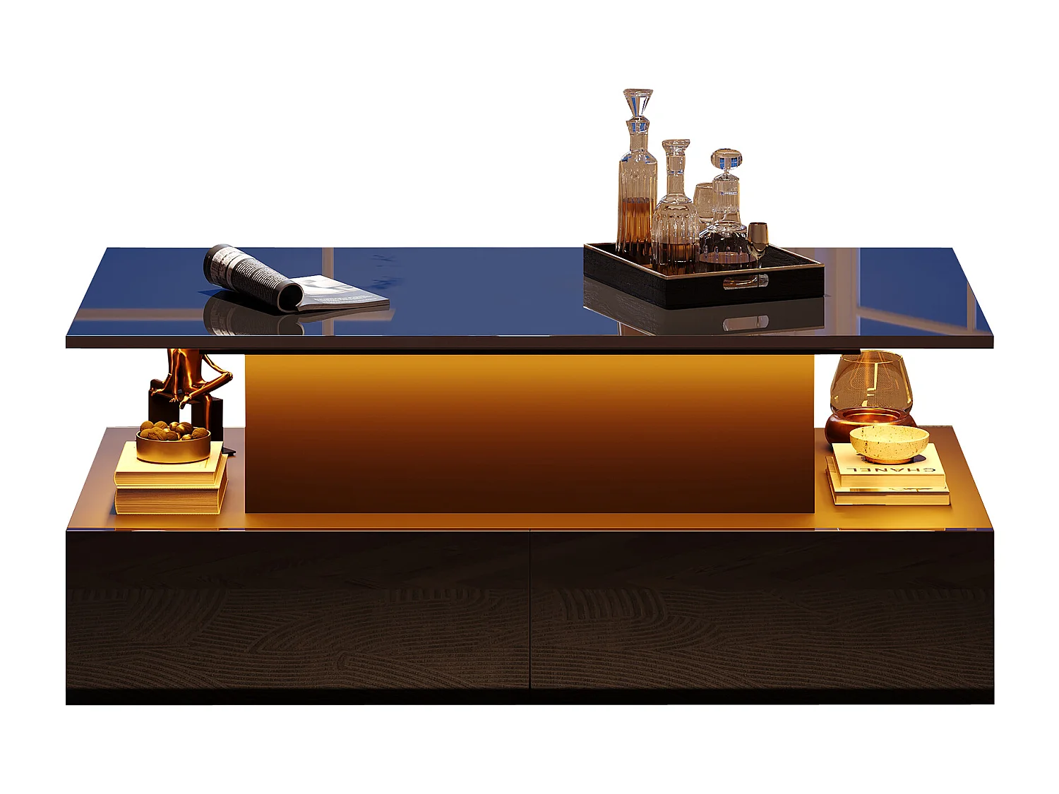 Table basse moderne noire brillante avec éclairage LED, 4 tiroirs et plateau extensible, panneau de particules (90x55x41cm)