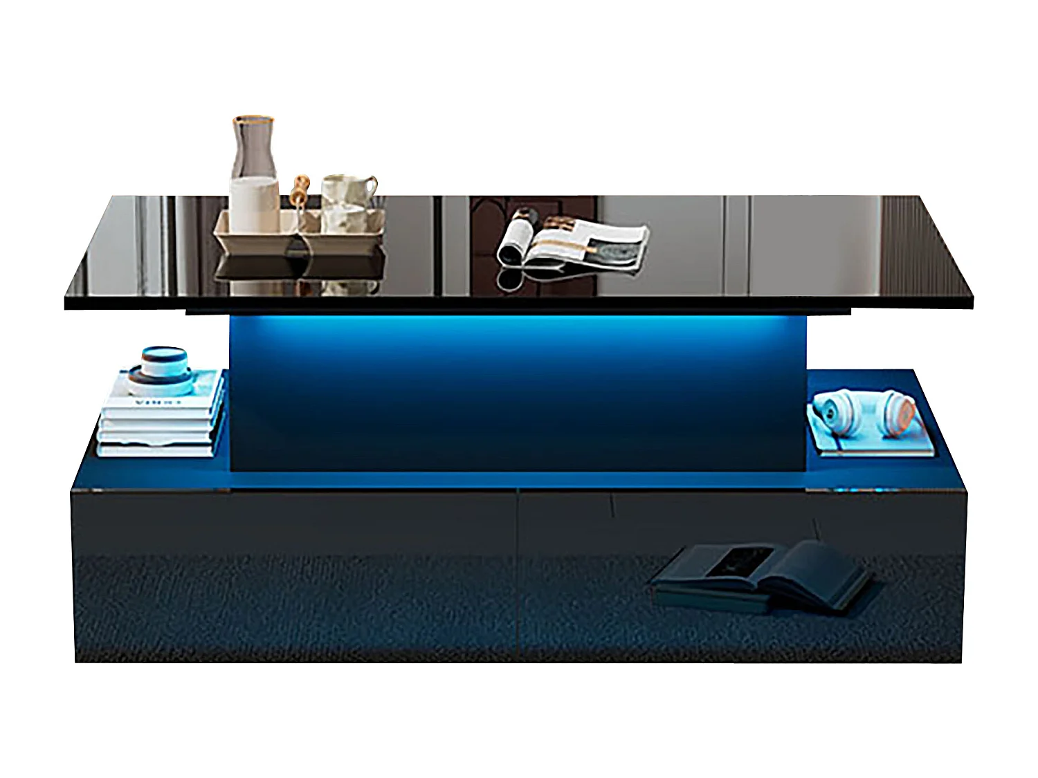 Table basse moderne noire brillante avec éclairage LED, 4 tiroirs et plateau extensible, panneau de particules (90x55x41cm)