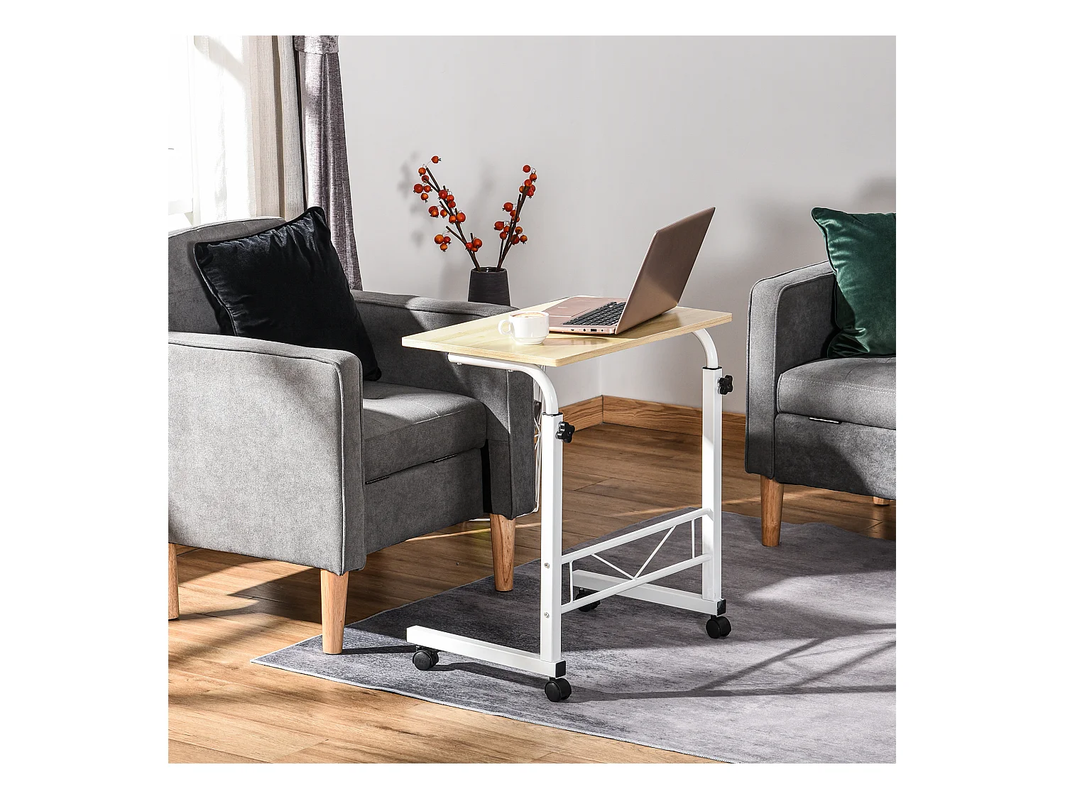 Table d'appoint réglable en hauteur, design en C, panneaux de particules et acier, érable, avec roulettes (60x40x78cm)