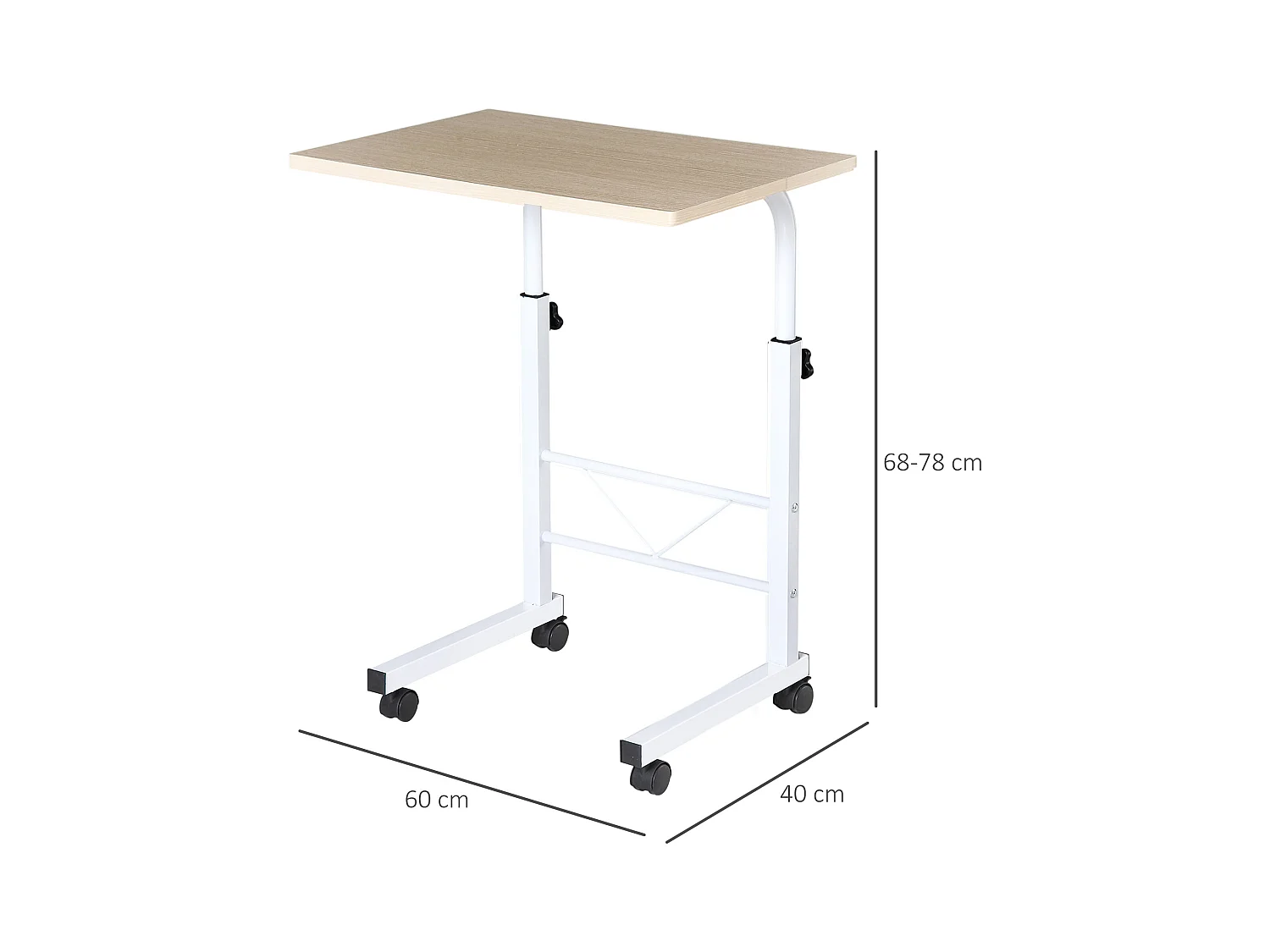 Table d'appoint réglable en hauteur, design en C, panneaux de particules et acier, érable, avec roulettes (60x40x78cm)