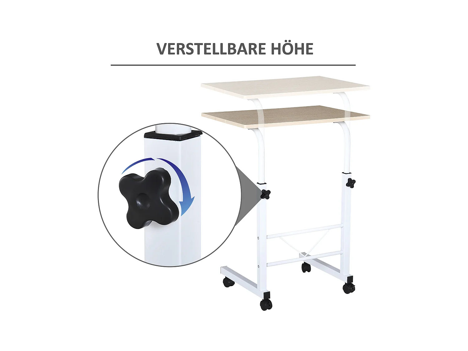 Table d'appoint réglable en hauteur, design en C, panneaux de particules et acier, érable, avec roulettes (60x40x78cm)