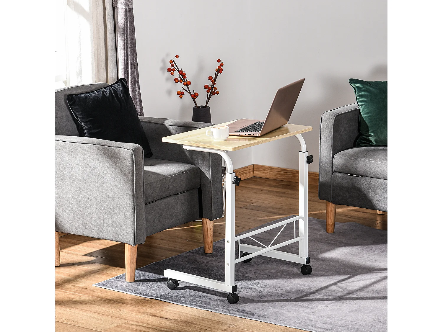 Table d'appoint réglable en hauteur, design en C, panneaux de particules et acier, érable, avec roulettes (60x40x78cm)