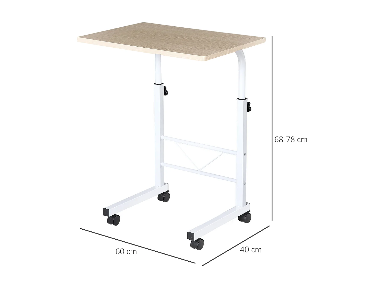 Table d'appoint réglable en hauteur, design en C, panneaux de particules et acier, érable, avec roulettes (60x40x78cm)
