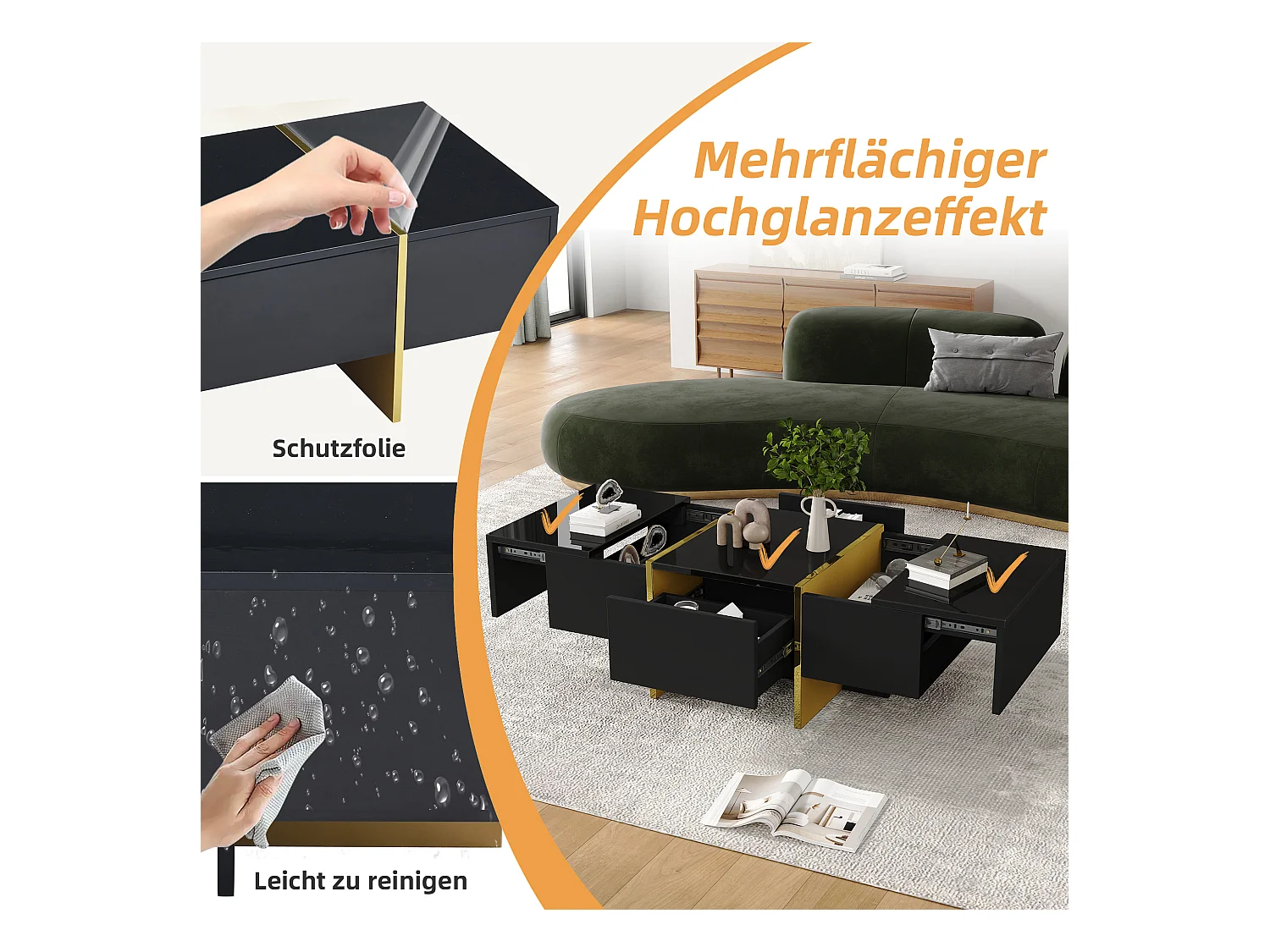 Table basse moderne laquée, 4 tiroirs de rangement, MDF, noir (100x50x35 cm)