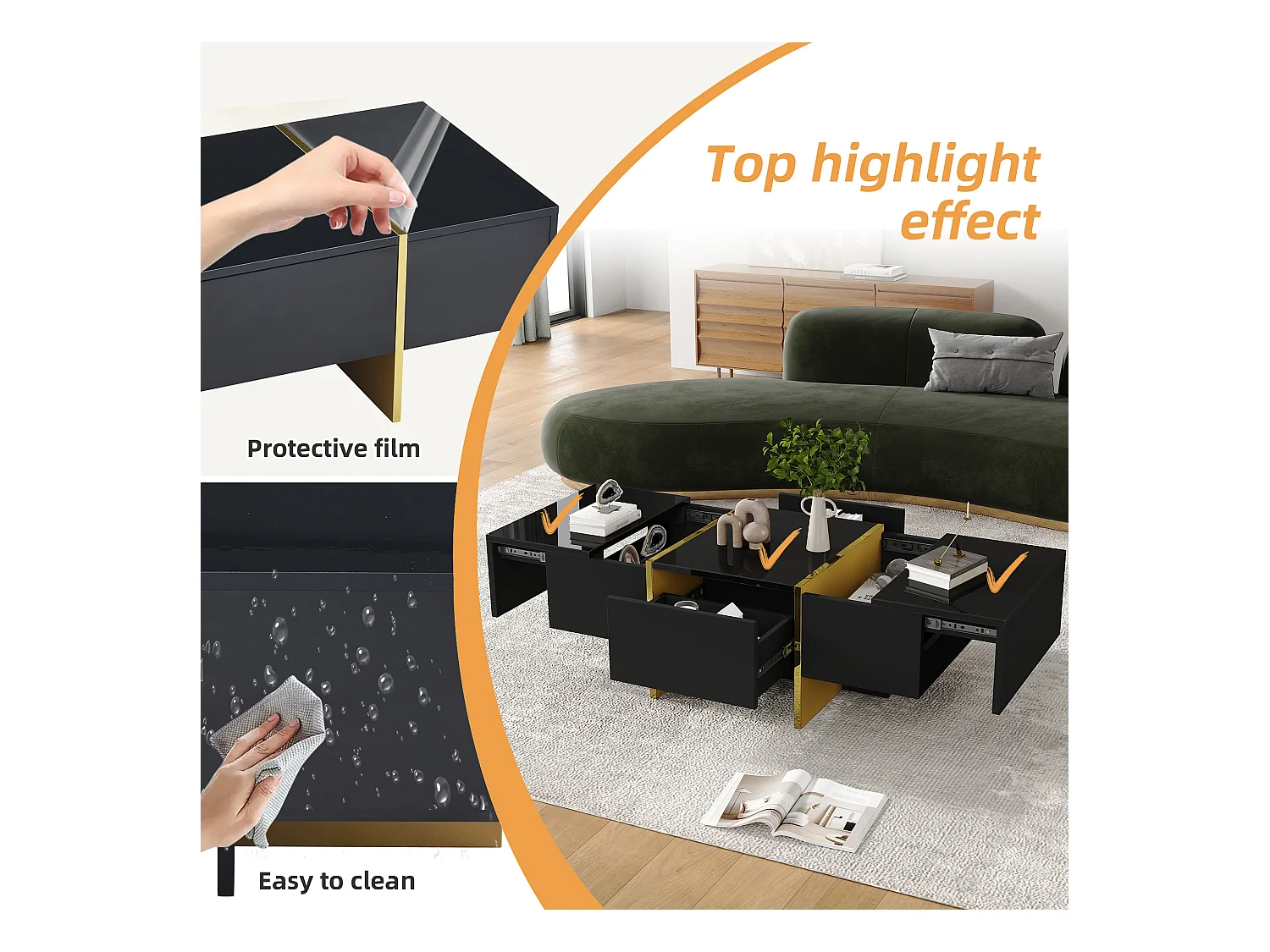 Table basse moderne laquée, 4 tiroirs de rangement, MDF, noir (100x50x35 cm)