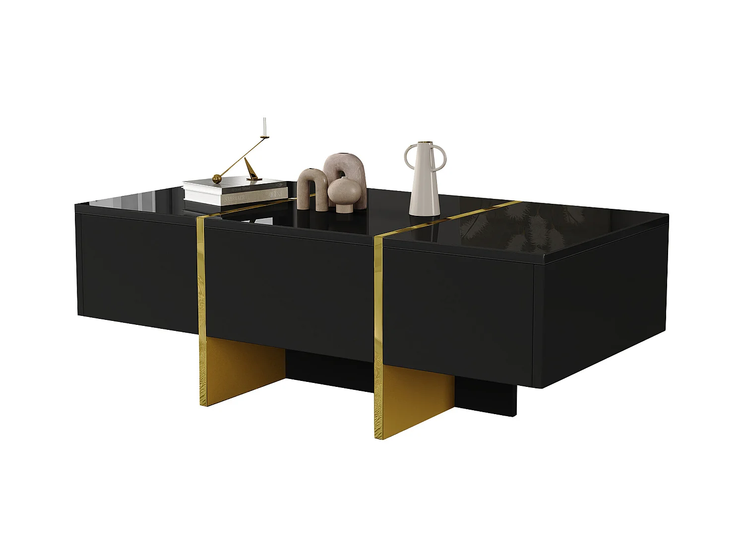 Table basse moderne laquée, 4 tiroirs de rangement, MDF, noir (100x50x35 cm)