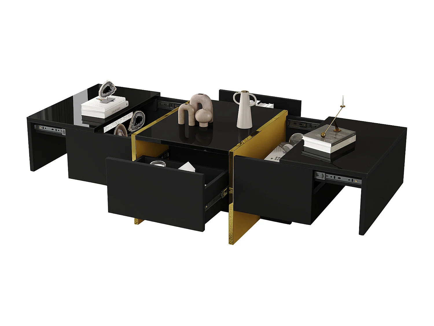 Table basse moderne laquée, 4 tiroirs de rangement, MDF, noir (100x50x35 cm)