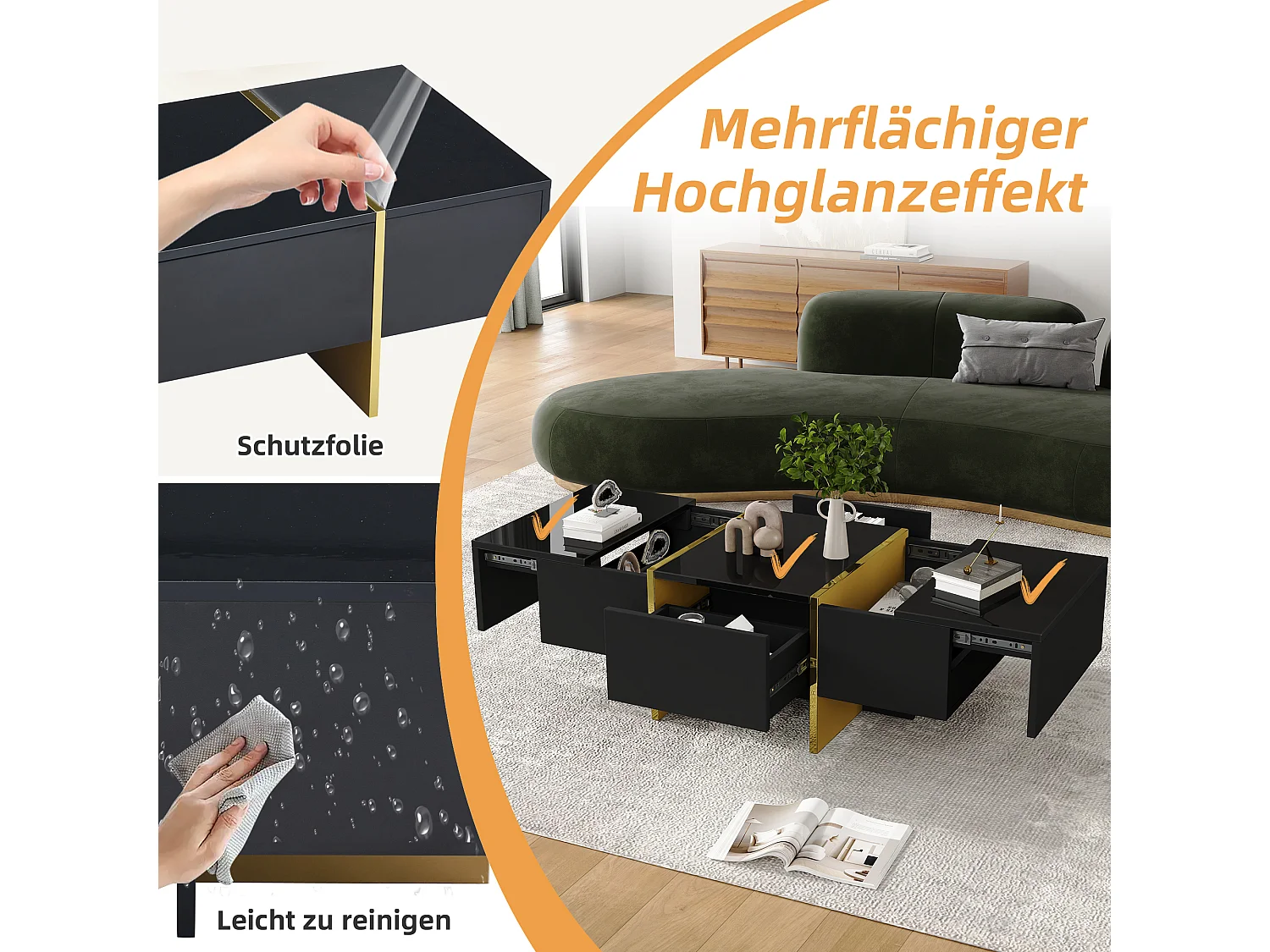 Table basse moderne laquée, 4 tiroirs de rangement, MDF, noir (100x50x35 cm)