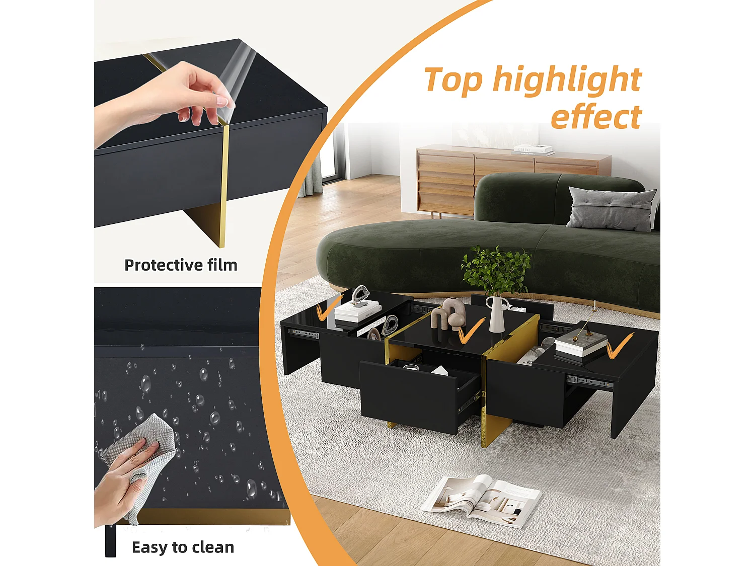 Table basse moderne laquée, 4 tiroirs de rangement, MDF, noir (100x50x35 cm)