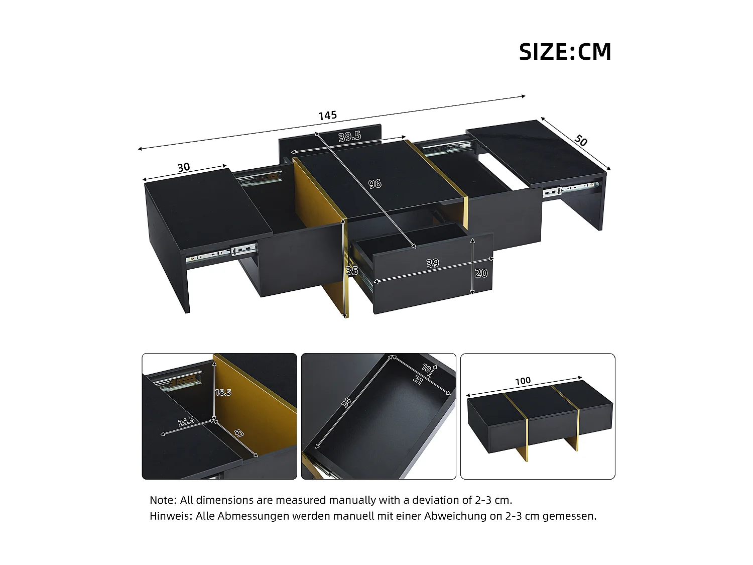 Table basse moderne laquée, 4 tiroirs de rangement, MDF, noir (100x50x35 cm)