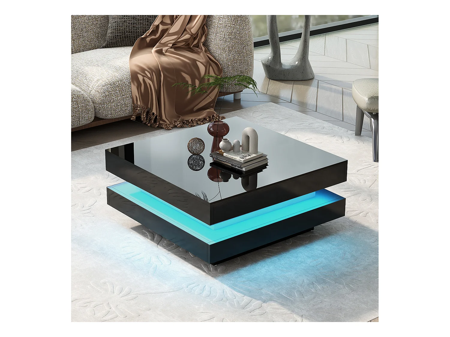 Table basse carrée avec LED 16 couleurs, plateau rotatif, MDF noir et blanc, (70x70x36 cm)