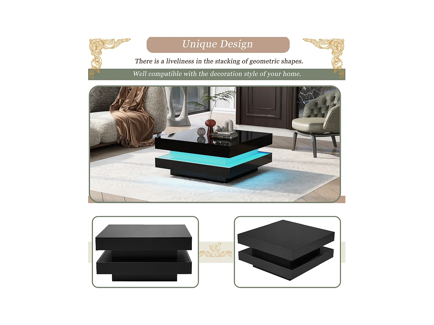 Table basse carrée avec LED 16 couleurs, plateau rotatif, MDF noir et blanc, (70x70x36 cm)