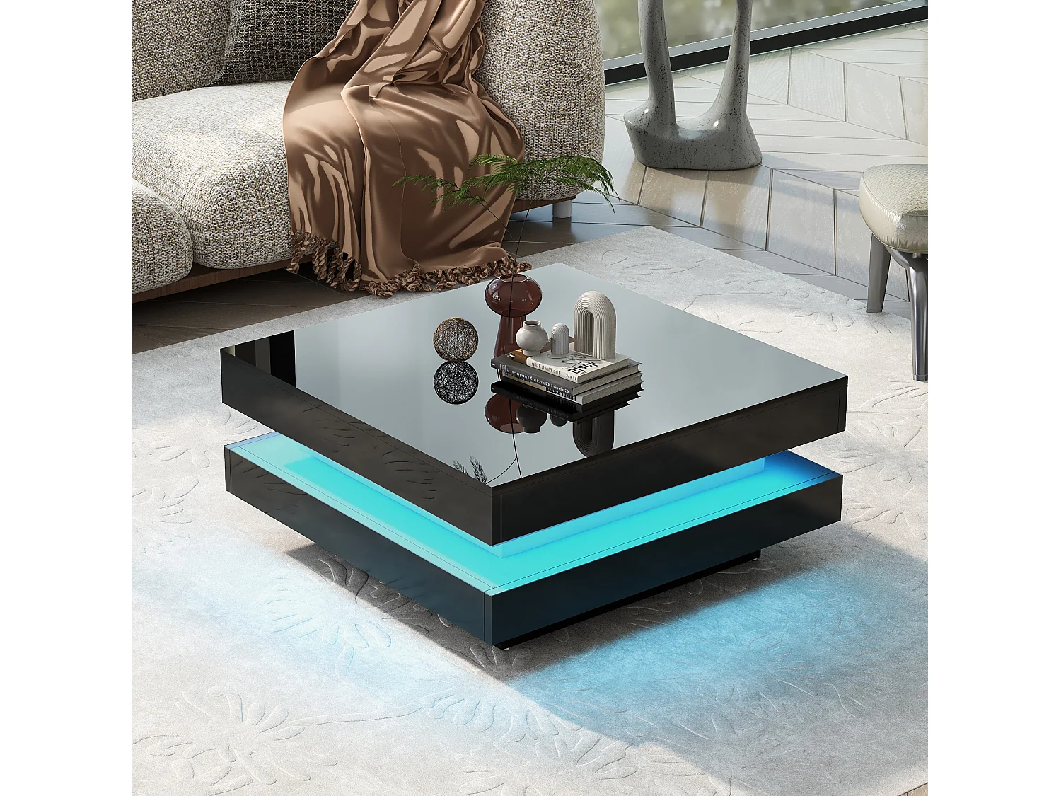 Table basse carrée avec LED 16 couleurs, plateau rotatif, MDF noir et blanc, (70x70x36 cm)