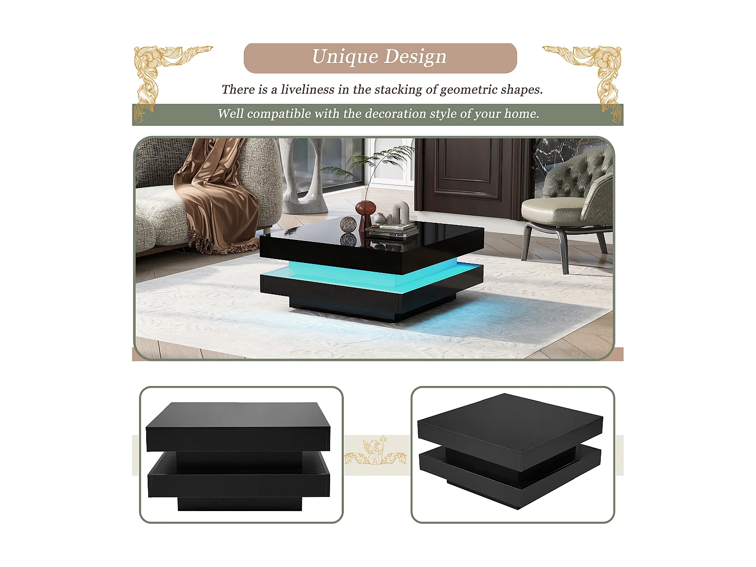 Table basse carrée avec LED 16 couleurs, plateau rotatif, MDF noir et blanc, (70x70x36 cm)