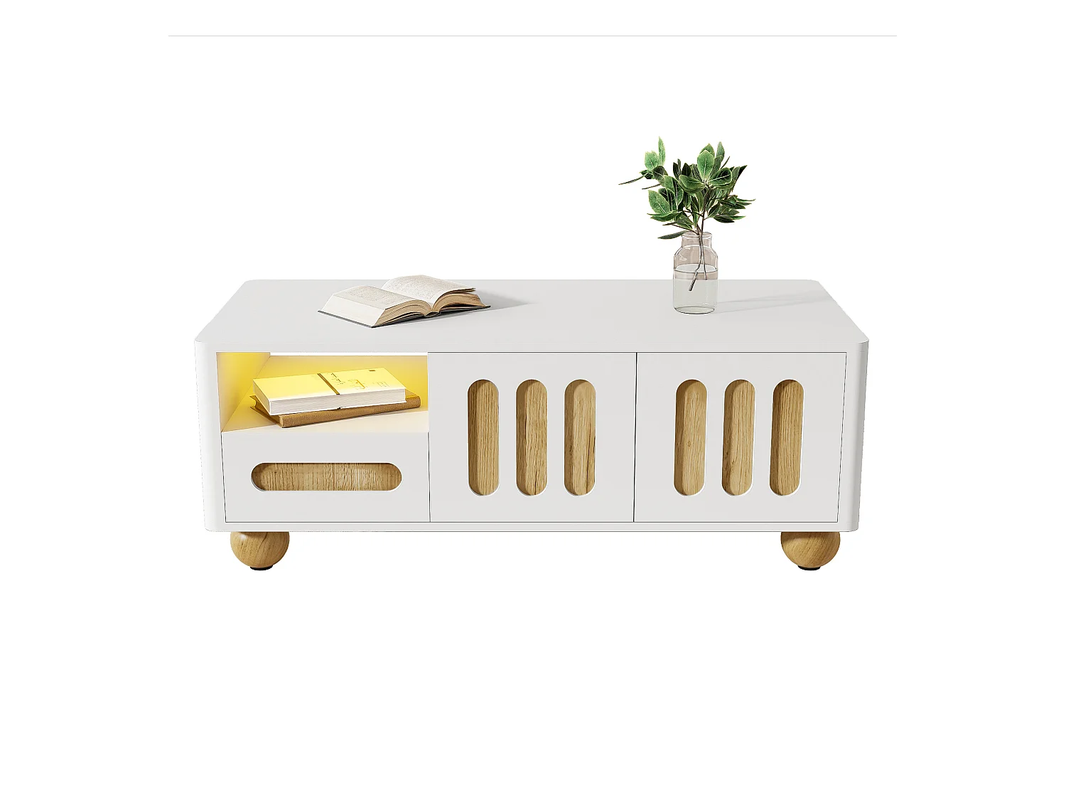 Table basse moderne avec LED, surface laquée, design élégant, bois et noir, (120x50x38.5 cm)