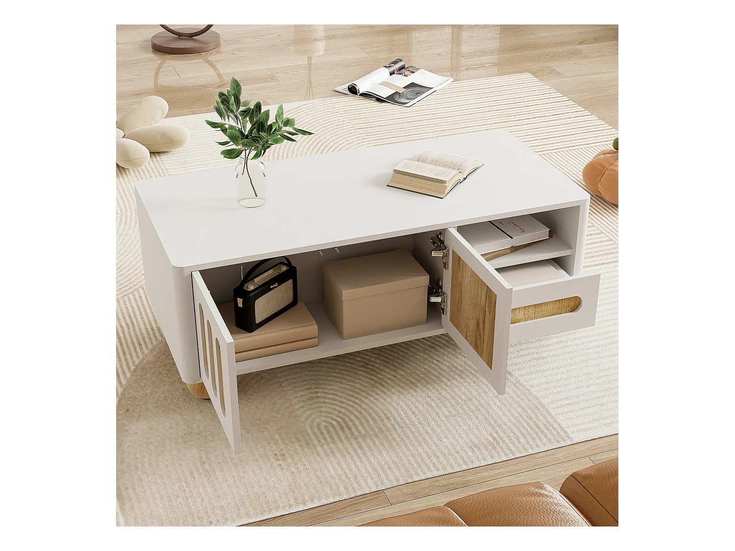 Table basse moderne avec LED, surface laquée, design élégant, bois et noir, (120x50x38.5 cm)