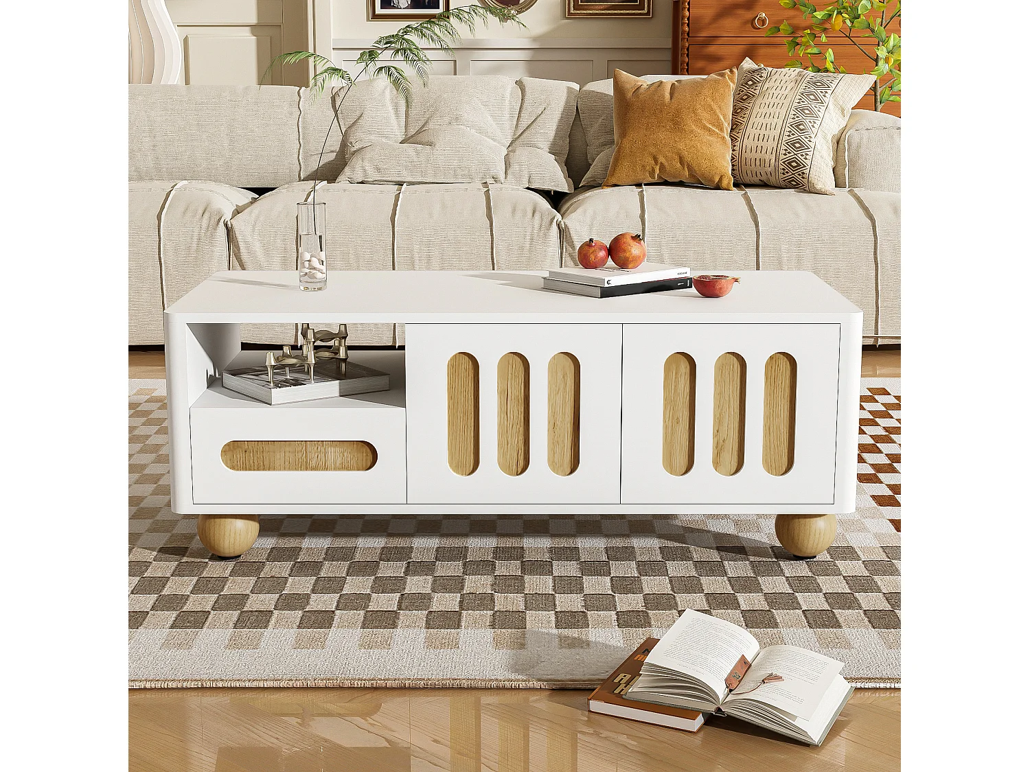 Table basse moderne avec LED, surface laquée, design élégant, bois et noir, (120x50x38.5 cm)