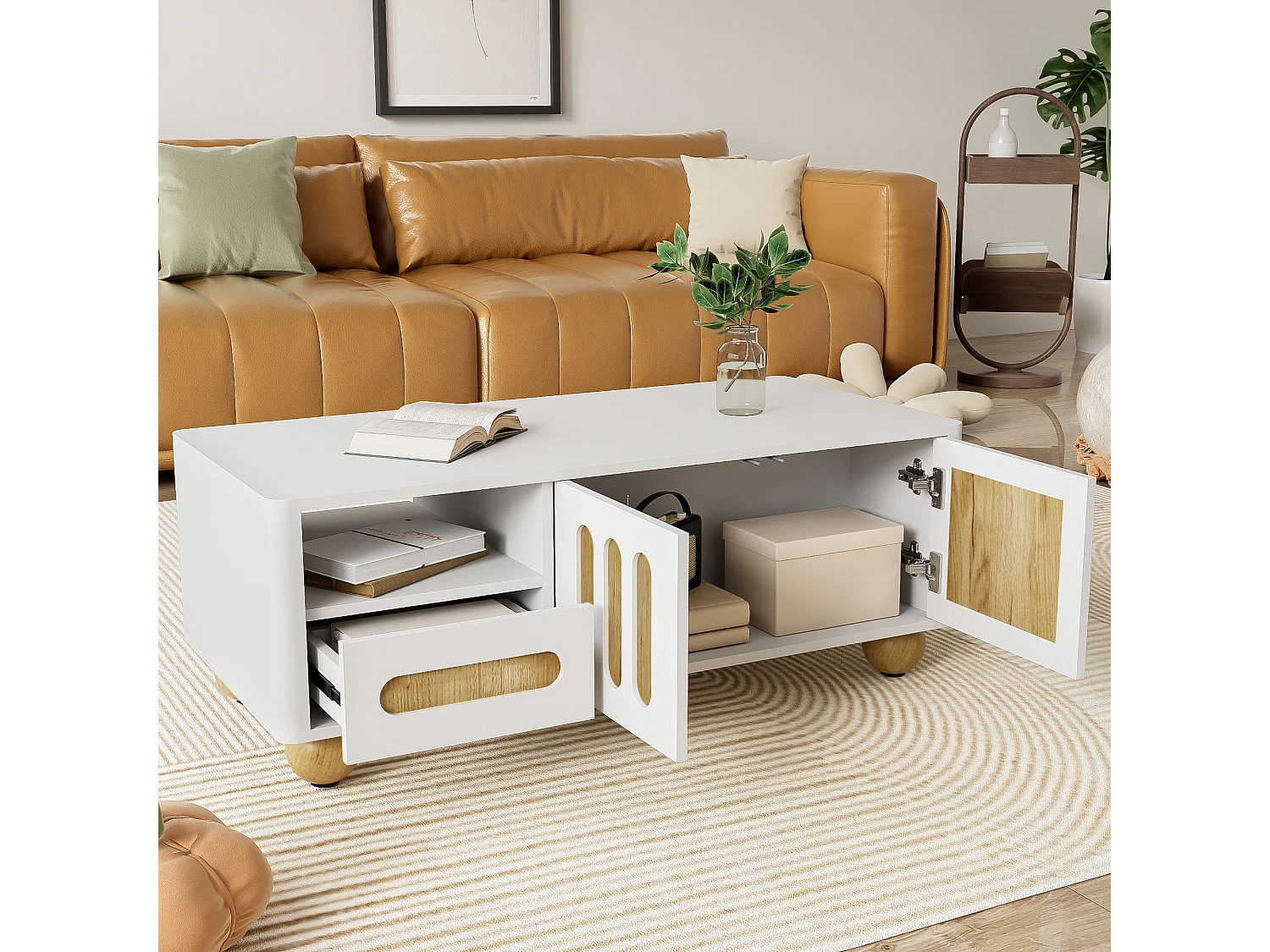 Table basse moderne avec LED, surface laquée, design élégant, bois et noir, (120x50x38.5 cm)