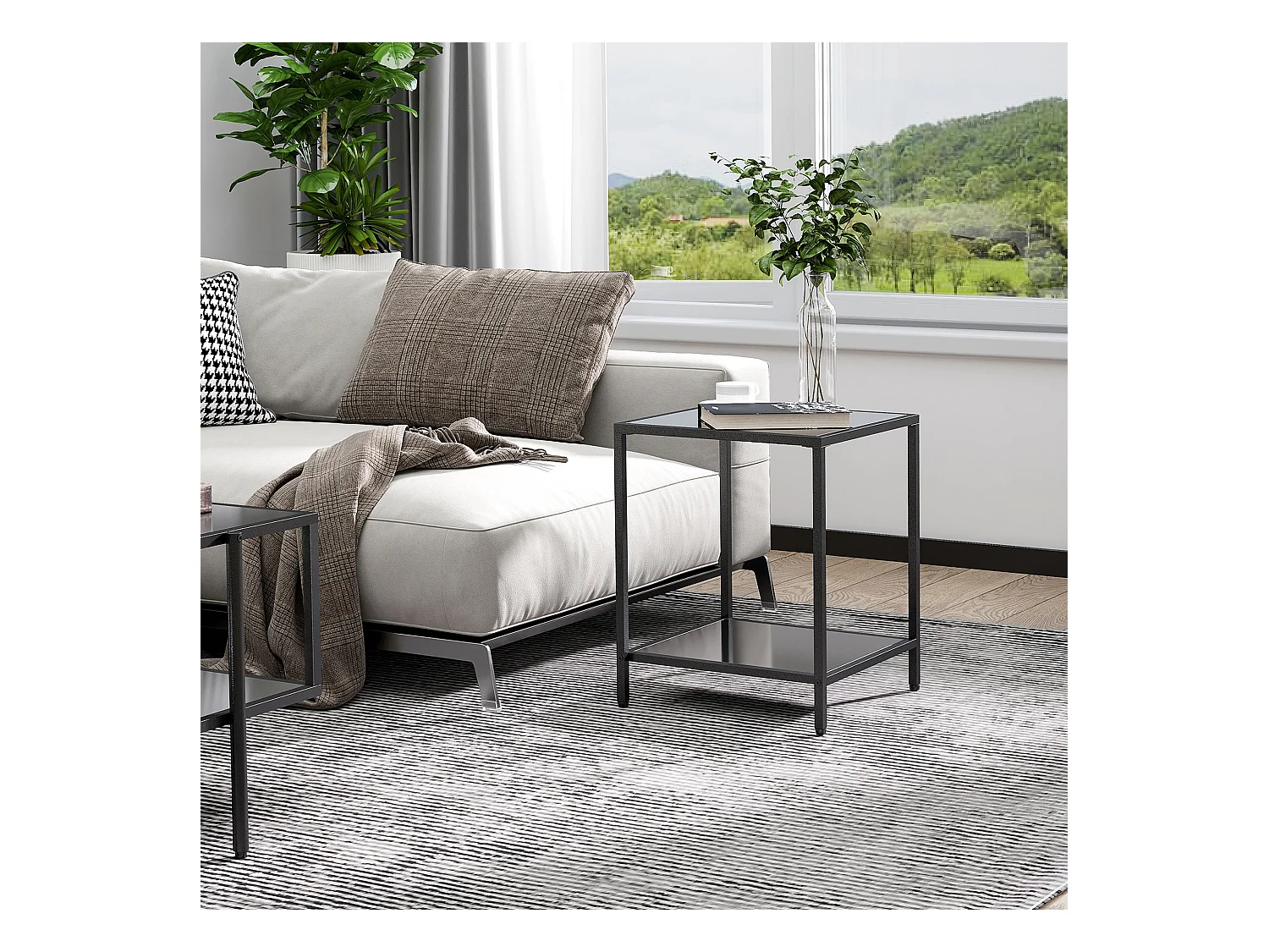 Table d'appoint avec 2 étagères, verre trempé, structure en métal, noir (40x40x50 cm)