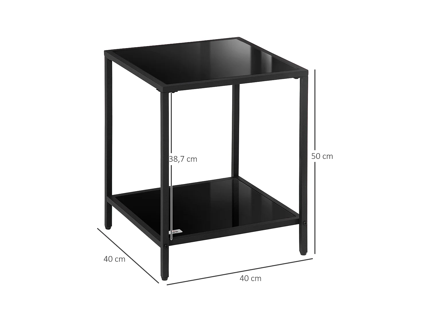 Table d'appoint avec 2 étagères, verre trempé, structure en métal, noir (40x40x50 cm)