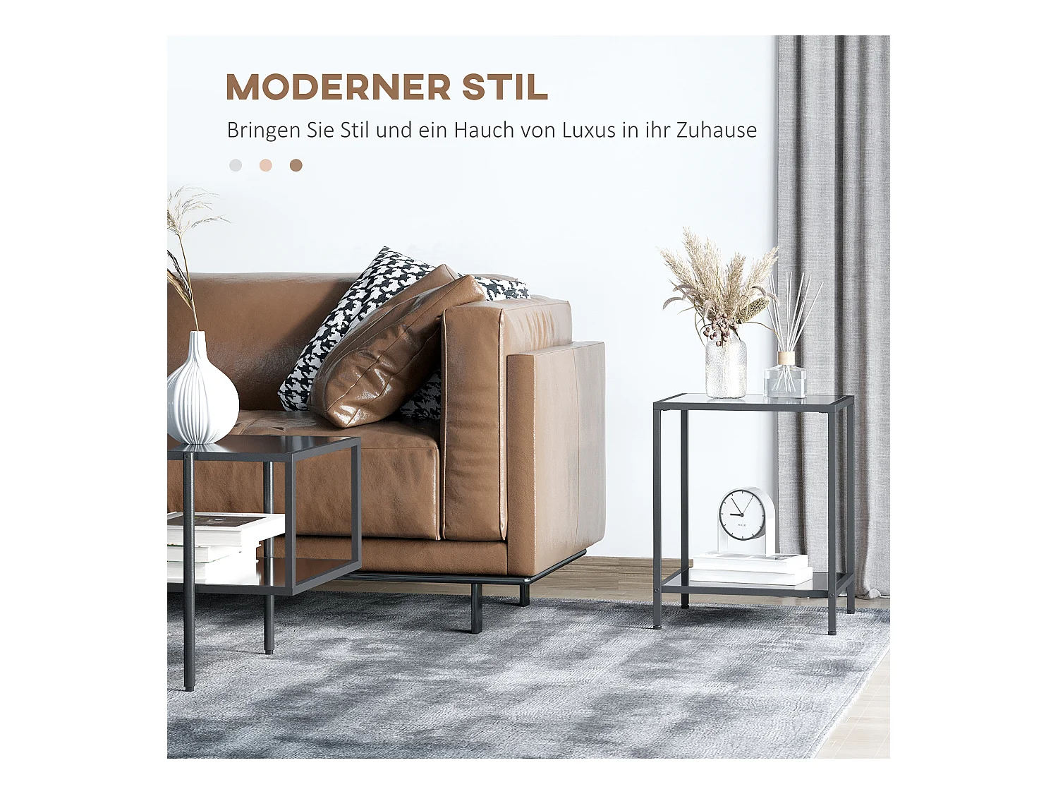 Table d'appoint avec 2 étagères, verre trempé, structure en métal, noir (40x40x50 cm)