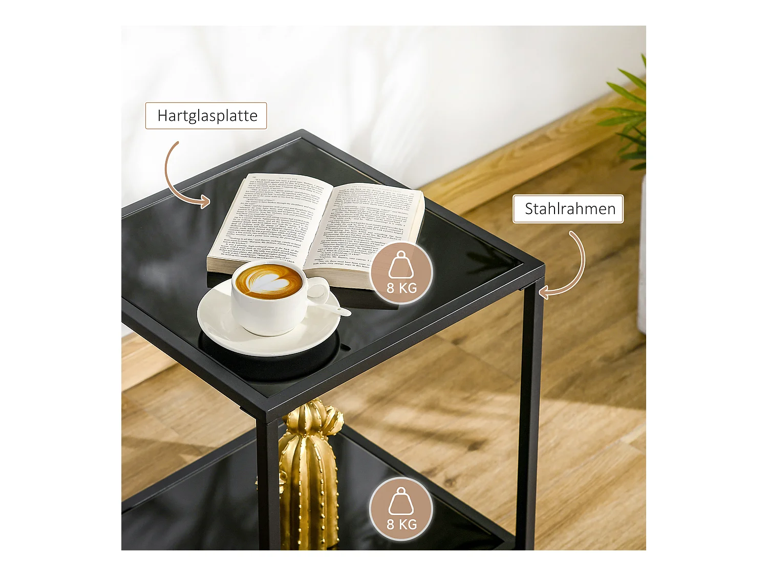 Table d'appoint avec 2 étagères, verre trempé, structure en métal, noir (40x40x50 cm)