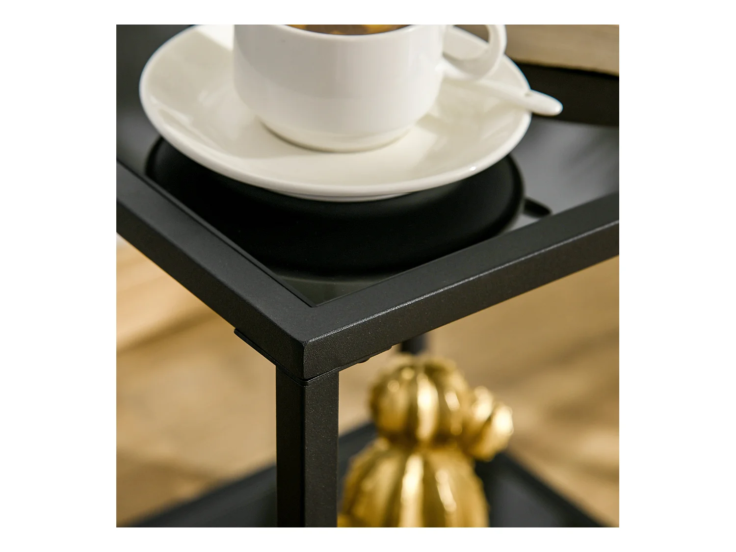 Table d'appoint avec 2 étagères, verre trempé, structure en métal, noir (40x40x50 cm)