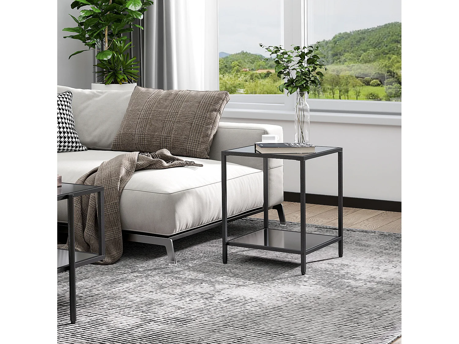 Table d'appoint avec 2 étagères, verre trempé, structure en métal, noir (40x40x50 cm)