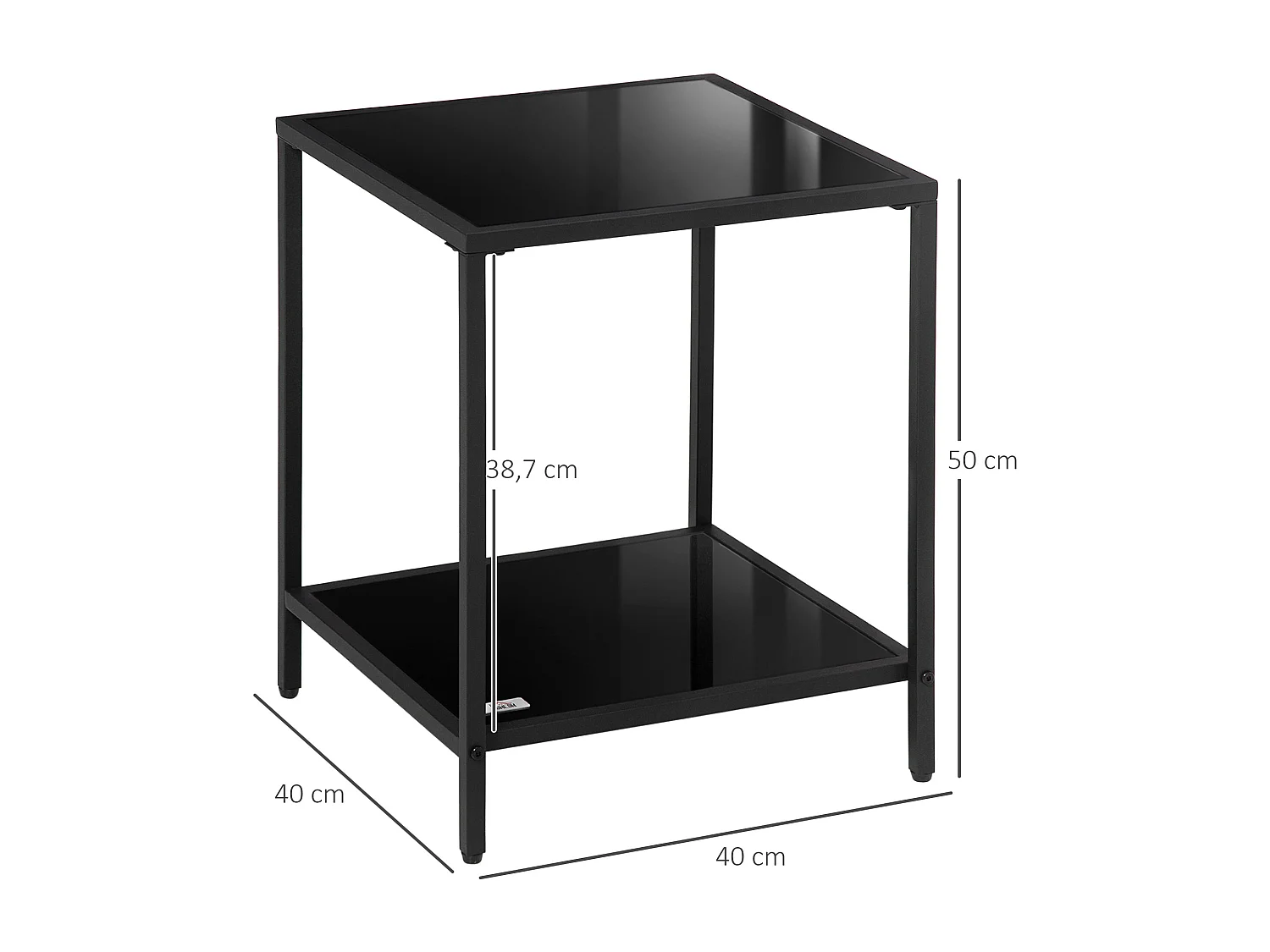 Table d'appoint avec 2 étagères, verre trempé, structure en métal, noir (40x40x50 cm)