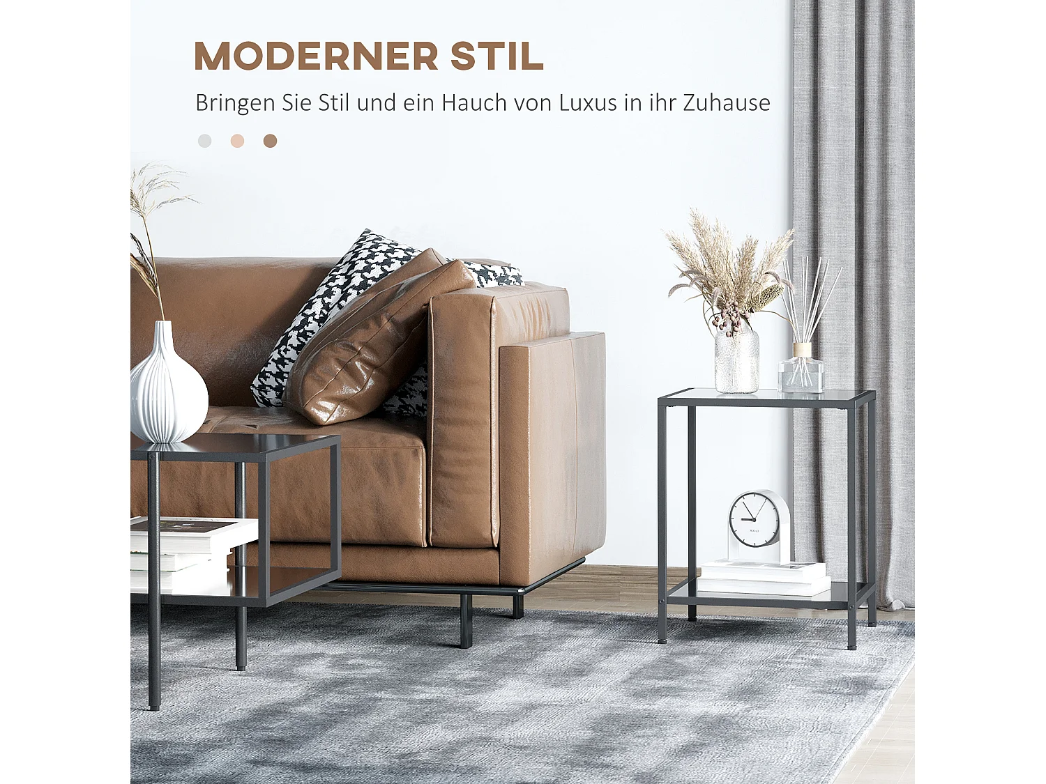 Table d'appoint avec 2 étagères, verre trempé, structure en métal, noir (40x40x50 cm)