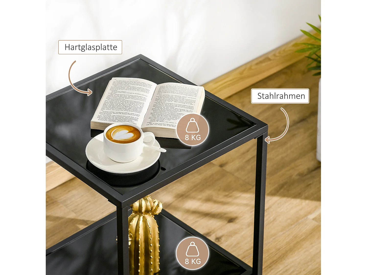 Table d'appoint avec 2 étagères, verre trempé, structure en métal, noir (40x40x50 cm)