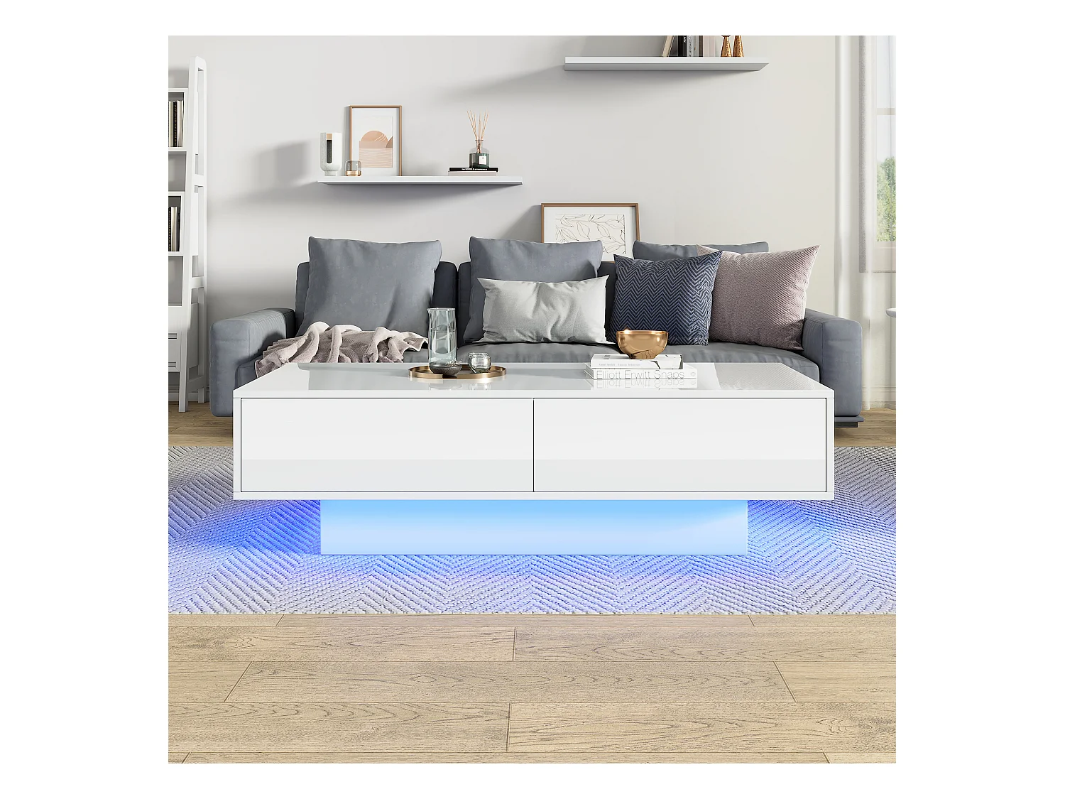 Table basse moderne avec LED, 2 tiroirs, finition haute brillance, blanc (115x55x34 cm)