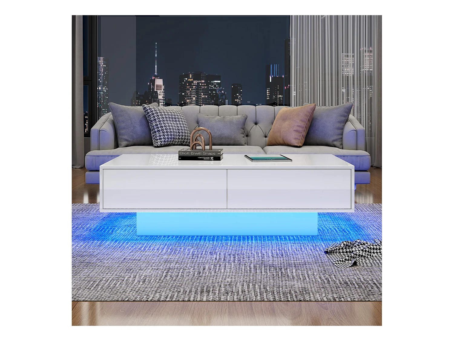 Table basse moderne avec LED, 2 tiroirs, finition haute brillance, blanc (115x55x34 cm)