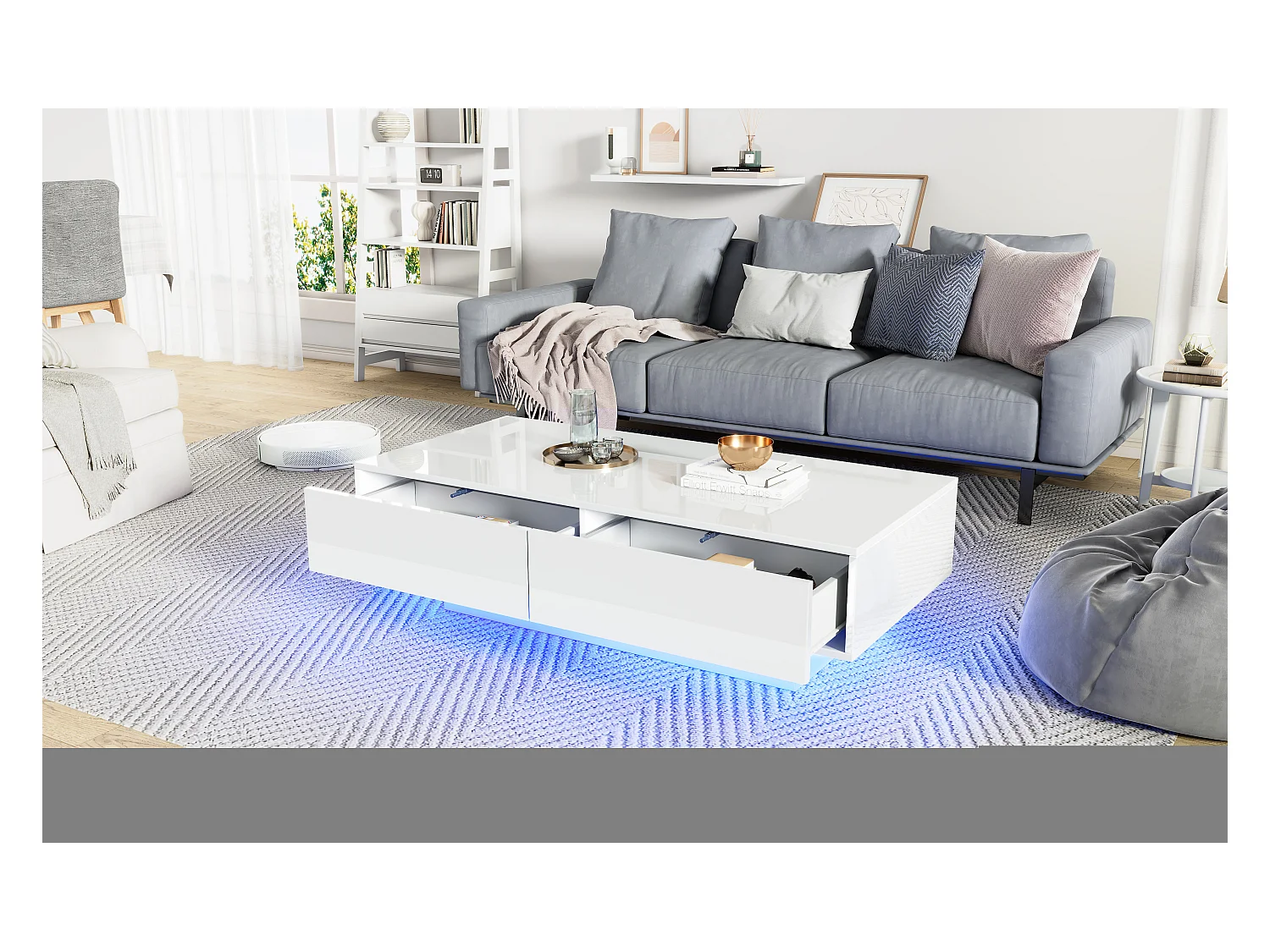 Table basse moderne avec LED, 2 tiroirs, finition haute brillance, blanc (115x55x34 cm)