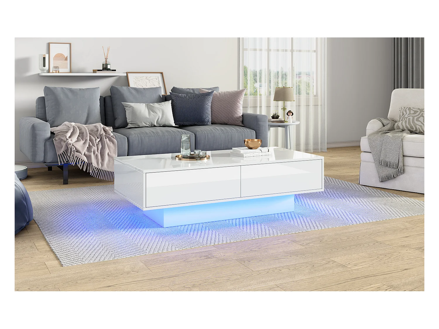 Table basse moderne avec LED, 2 tiroirs, finition haute brillance, blanc (115x55x34 cm)