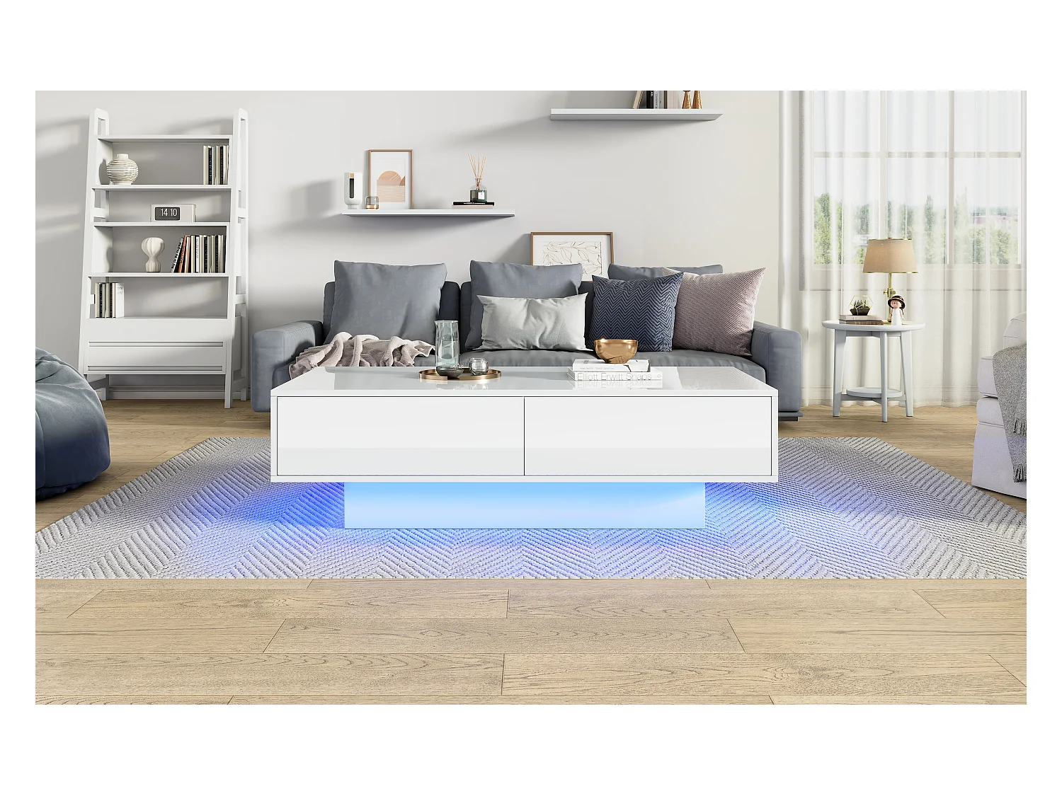 Table basse moderne avec LED, 2 tiroirs, finition haute brillance, blanc (115x55x34 cm)