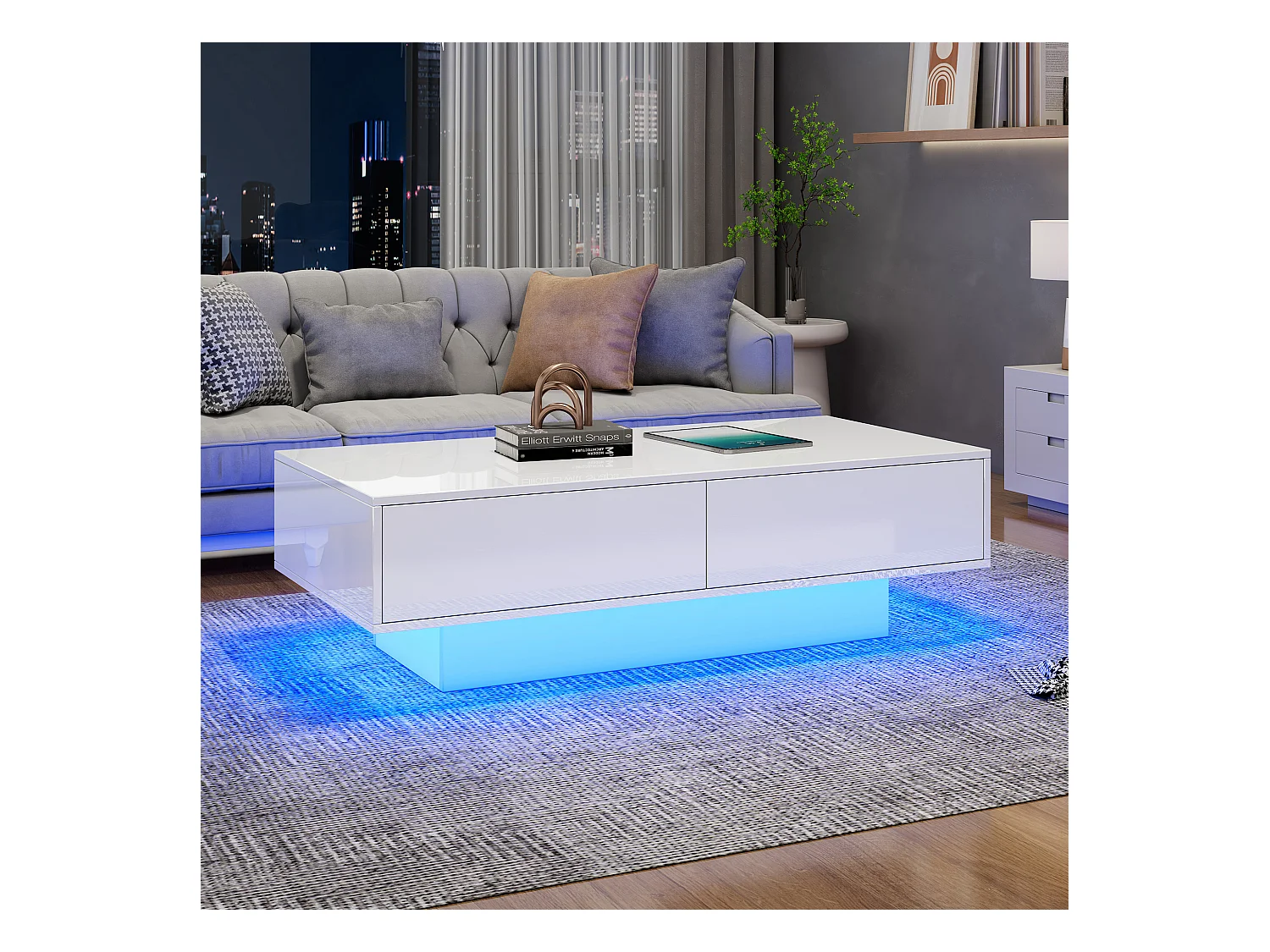 Table basse moderne avec LED, 2 tiroirs, finition haute brillance, blanc (115x55x34 cm)