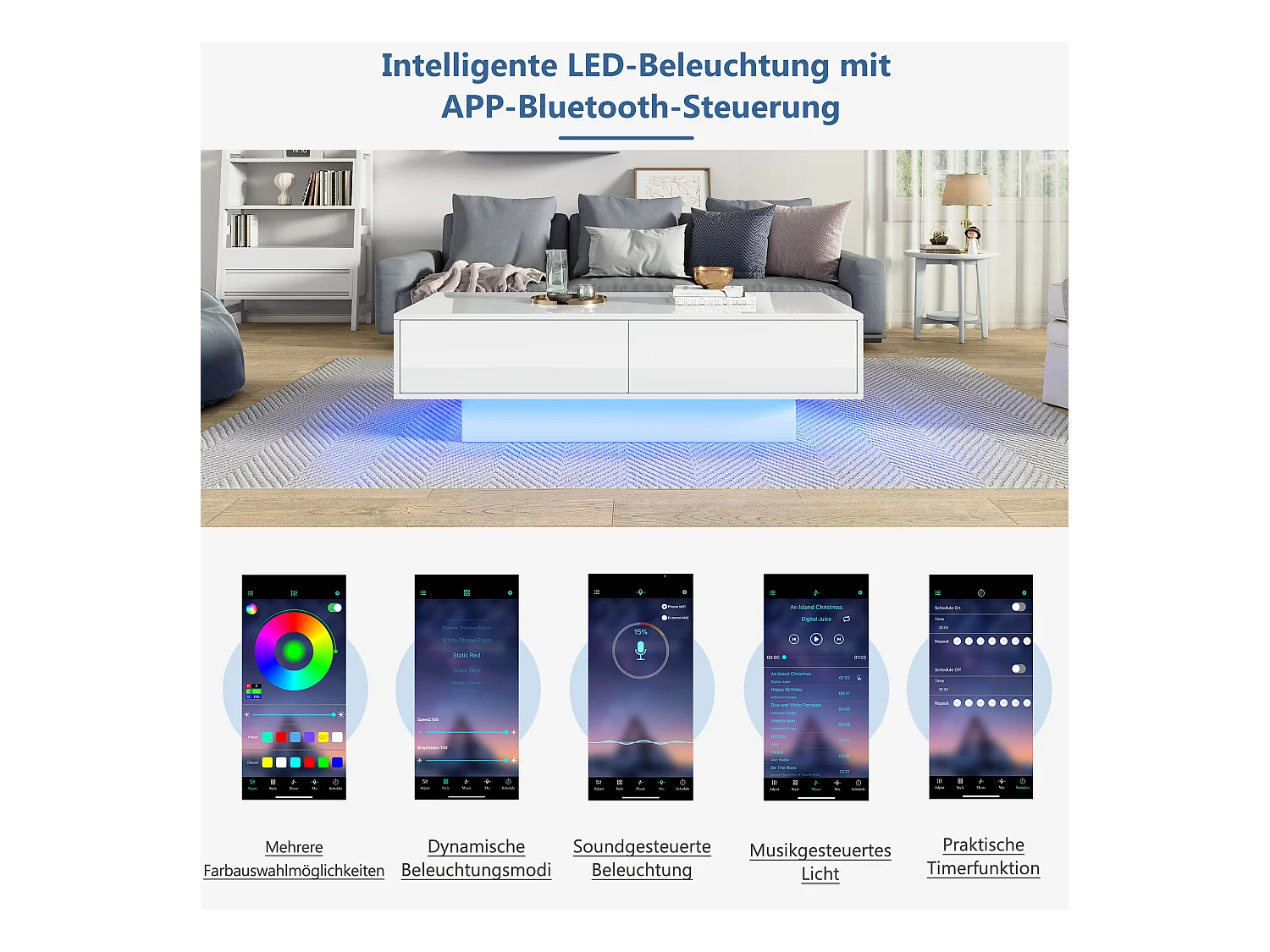 Table basse moderne avec LED, 2 tiroirs, finition haute brillance, blanc (115x55x34 cm)