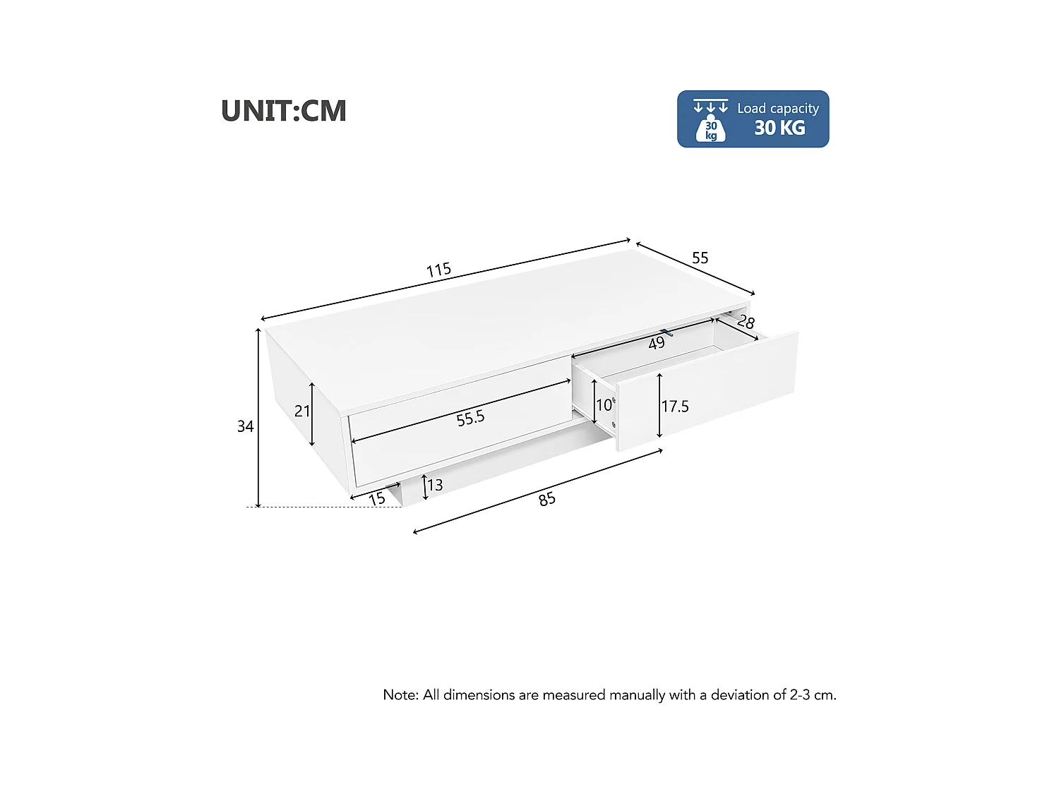 Table basse moderne avec LED, 2 tiroirs, finition haute brillance, blanc (115x55x34 cm)