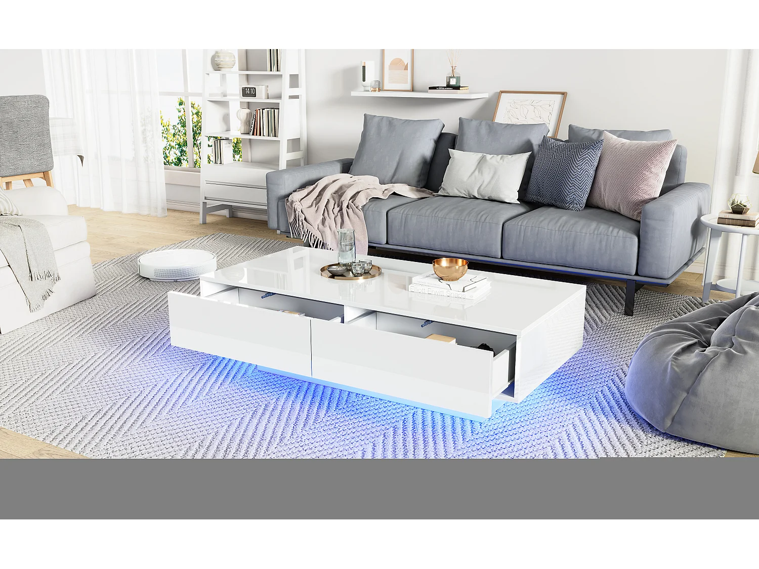 Moderne salontafel met LED, 2 lades, hoogglans afwerking, wit (115x55x34 cm)