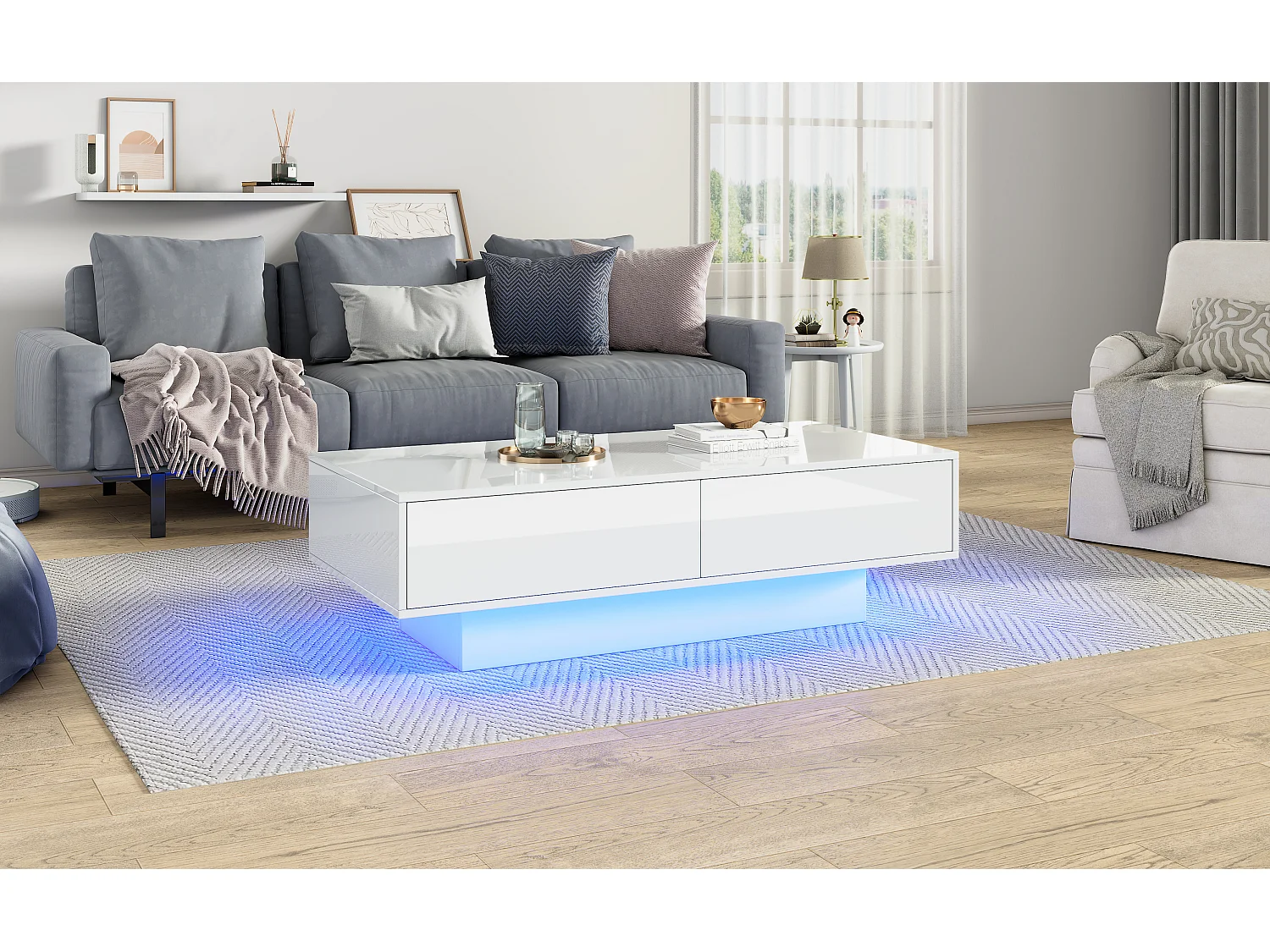 Moderne salontafel met LED, 2 lades, hoogglans afwerking, wit (115x55x34 cm)