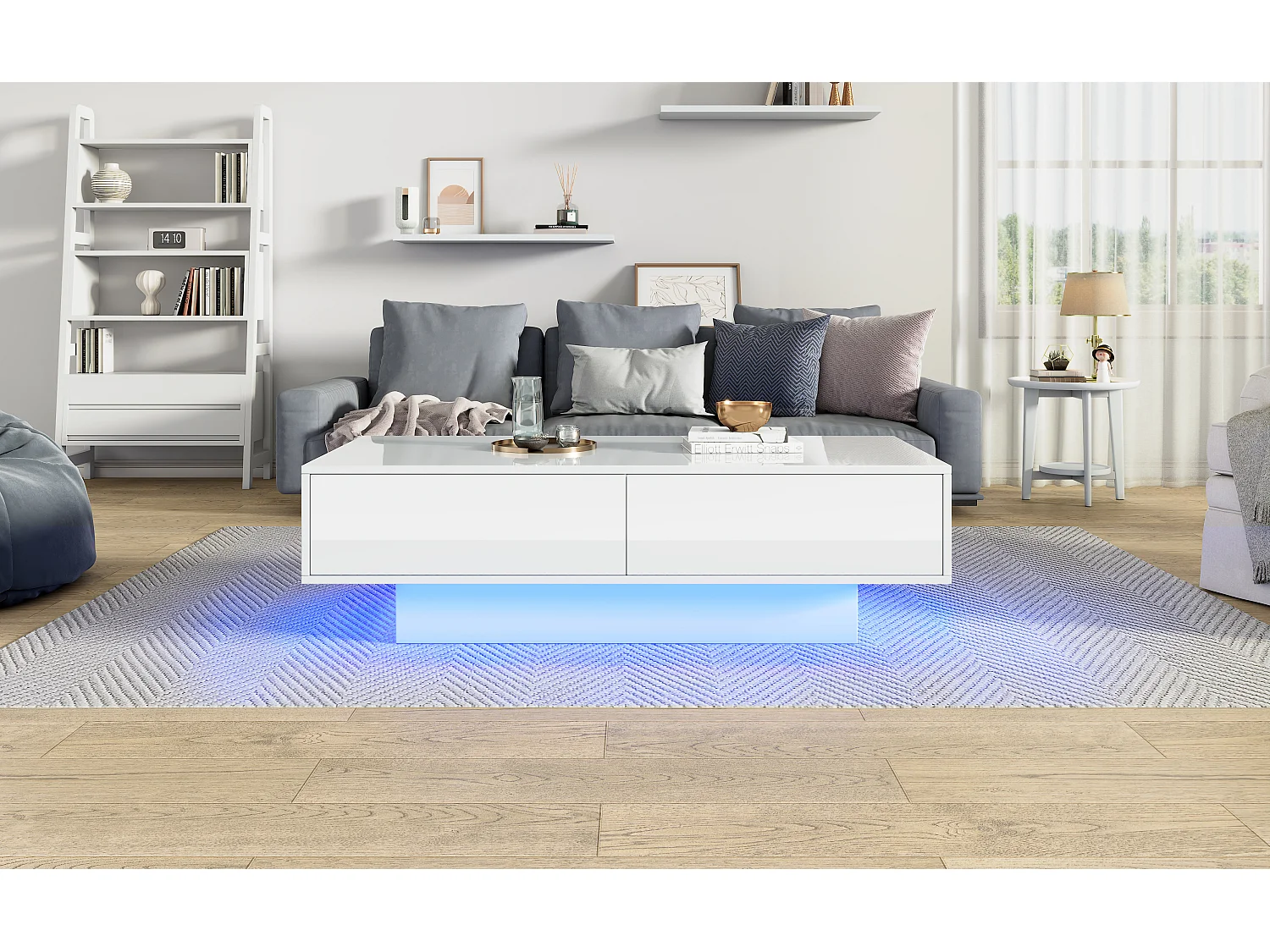 Moderne salontafel met LED, 2 lades, hoogglans afwerking, wit (115x55x34 cm)