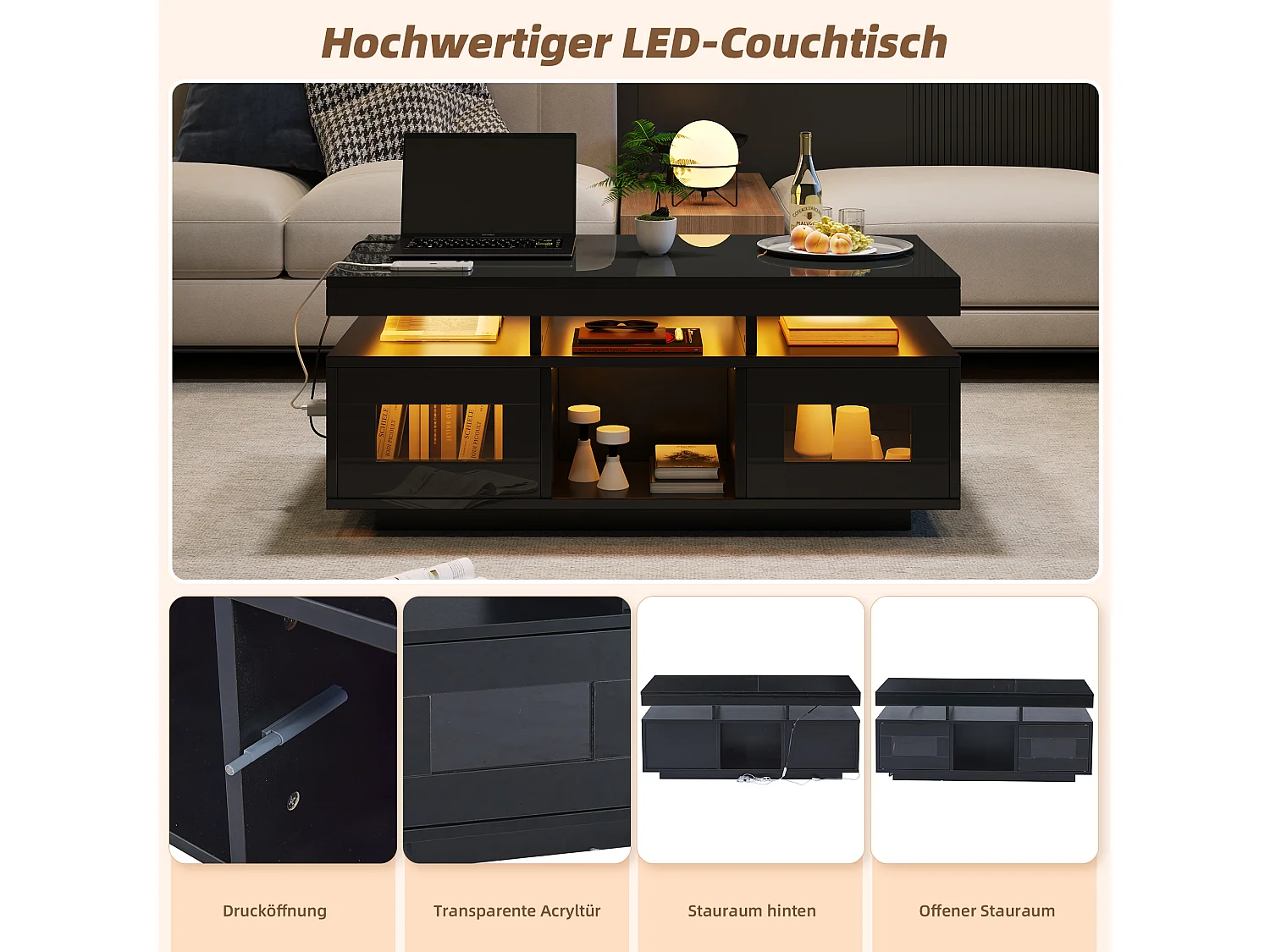Zwarte salontafel met app-gestuurde LED, geïntegreerd stopcontact en USB, opbergruimte, (100x50x43 cm)