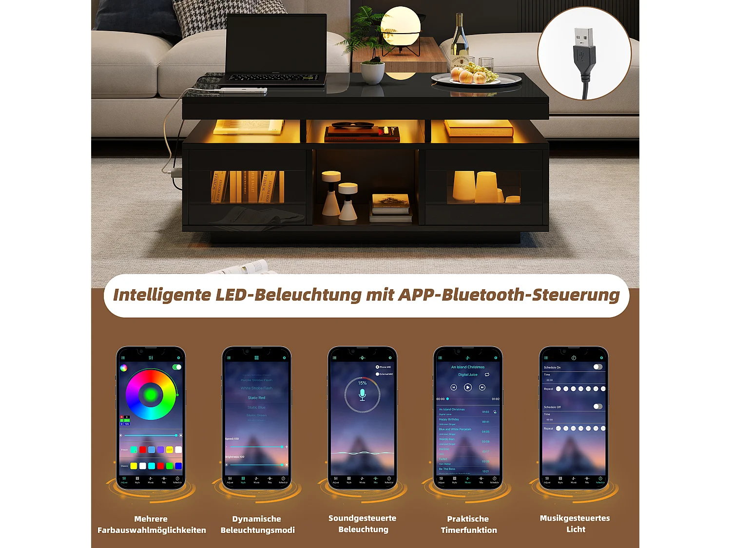 Zwarte salontafel met app-gestuurde LED, geïntegreerd stopcontact en USB, opbergruimte, (100x50x43 cm)