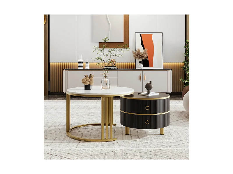 Mesa de centro apilable de 2 piezas, diseño moderno, MDF, dorado y negro, con cajones de almacenaje (70x70x46 + 50x50x40 cm)