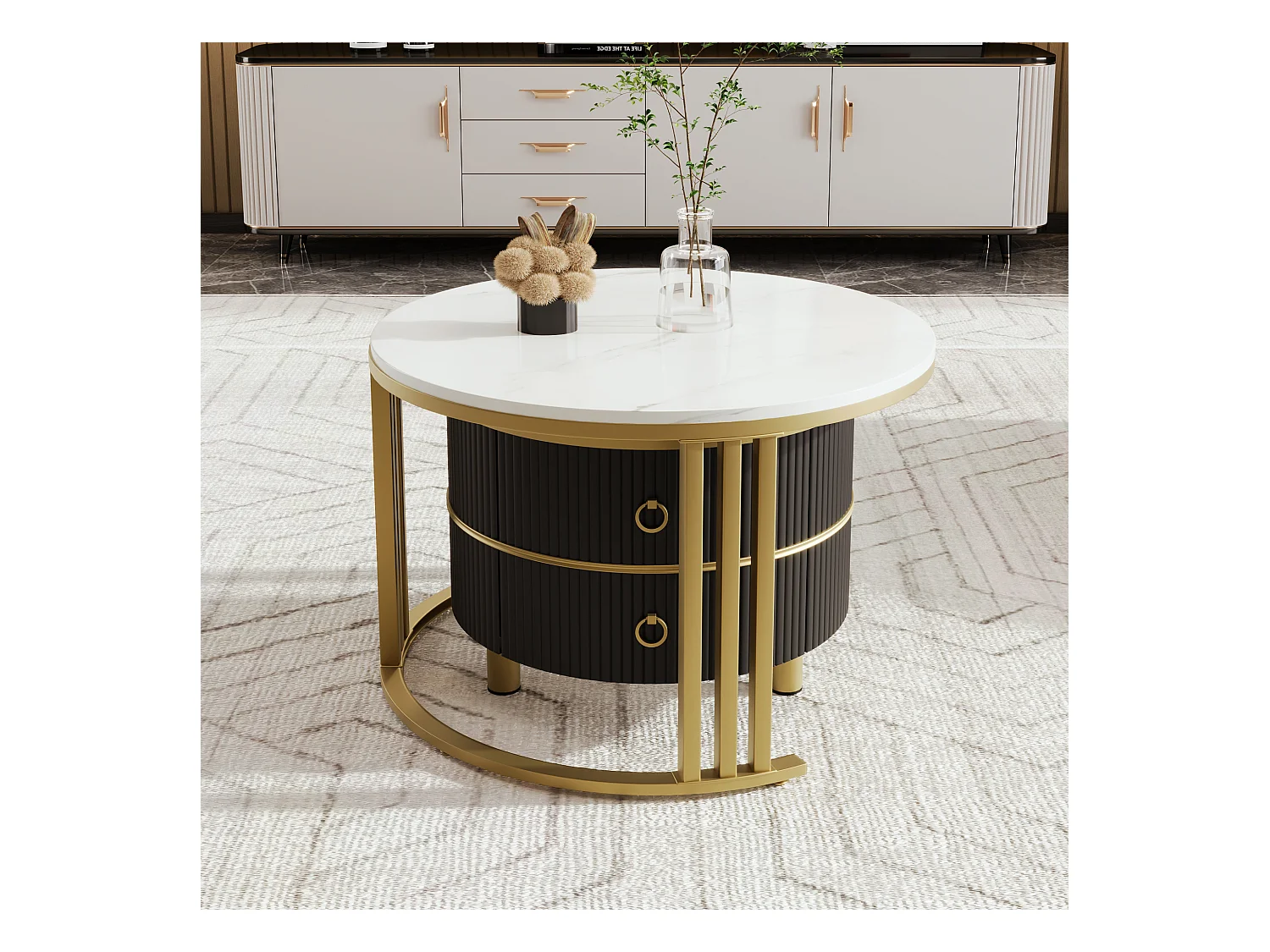 Table basse empilable 2 pièces, design moderne, MDF, or et noir, avec tiroirs de rangement (70x70x46 + 50x50x40 cm)