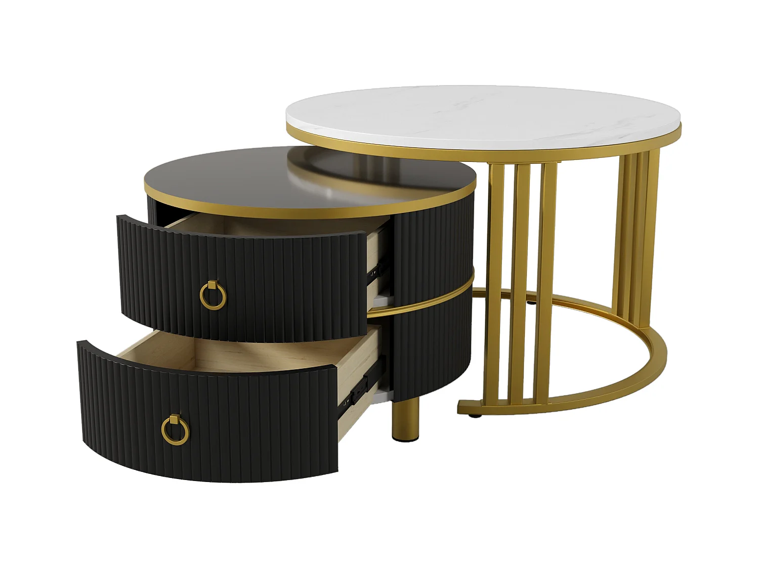 Tavolino da caffè impilabile in 2 pezzi, design moderno, MDF, oro e nero, con cassetti portaoggetti (70x70x46 + 50x50x40 cm)