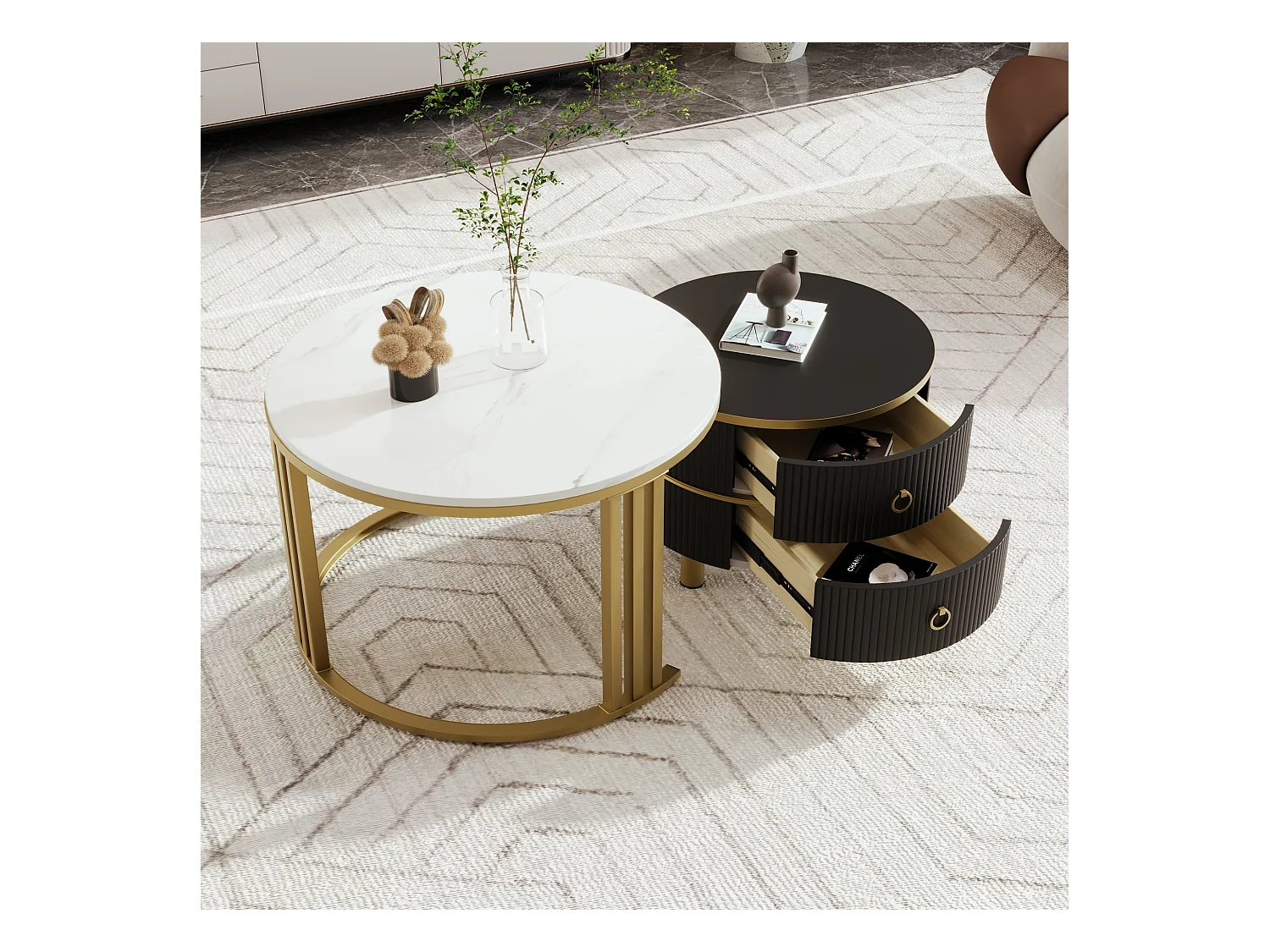 Tavolino da caffè impilabile in 2 pezzi, design moderno, MDF, oro e nero, con cassetti portaoggetti (70x70x46 + 50x50x40 cm)