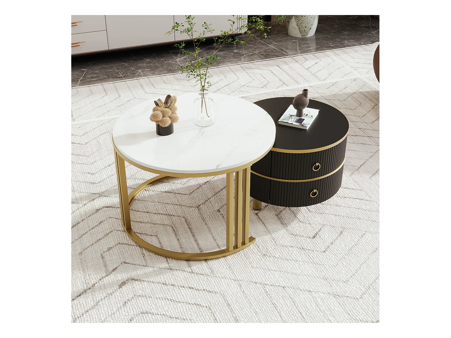 Tavolino da caffè impilabile in 2 pezzi, design moderno, MDF, oro e nero, con cassetti portaoggetti (70x70x46 + 50x50x40 cm)