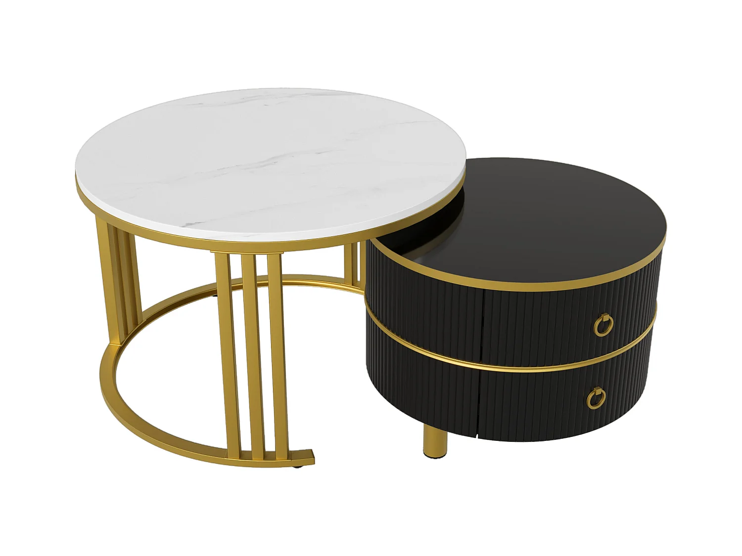 Tavolino da caffè impilabile in 2 pezzi, design moderno, MDF, oro e nero, con cassetti portaoggetti (70x70x46 + 50x50x40 cm)